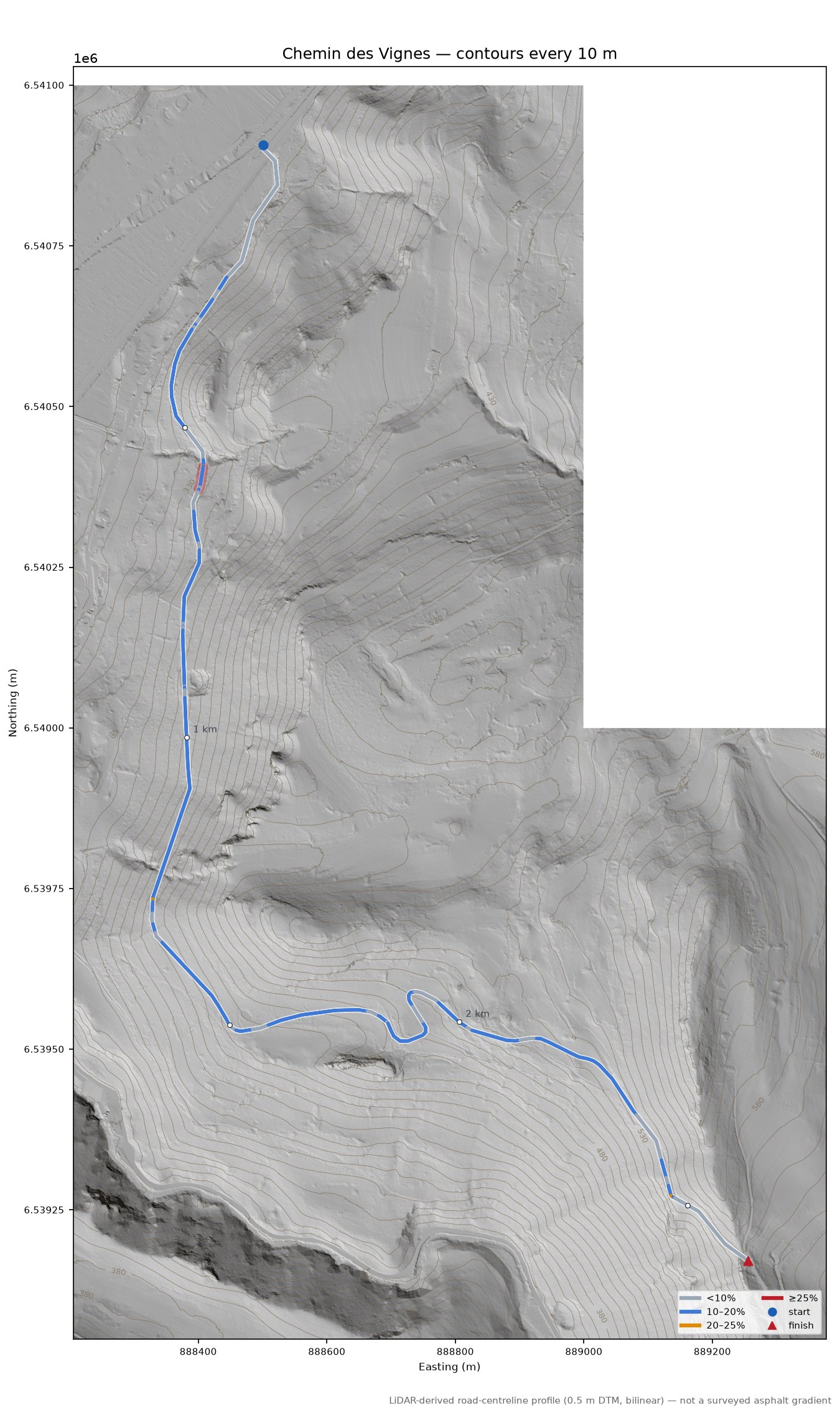 Chemin des Vignes LiDAR hillshade map with contours