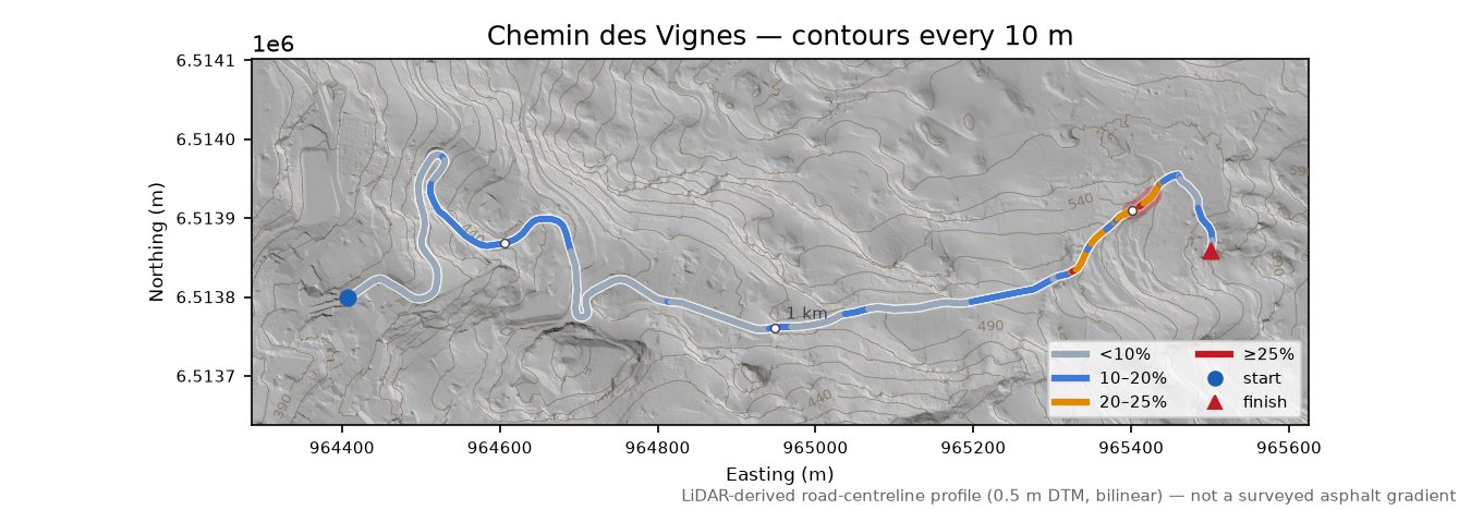 Chemin des Vignes LiDAR hillshade map with contours