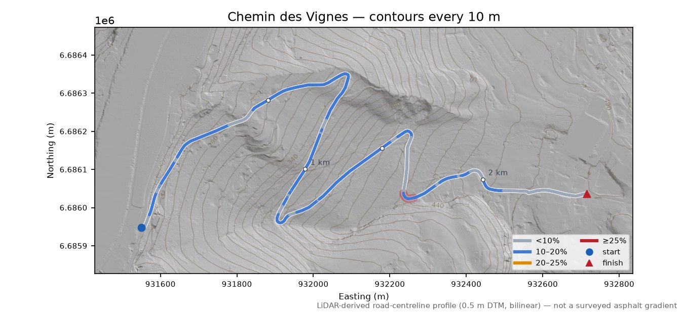 Chemin des Vignes LiDAR hillshade map with contours