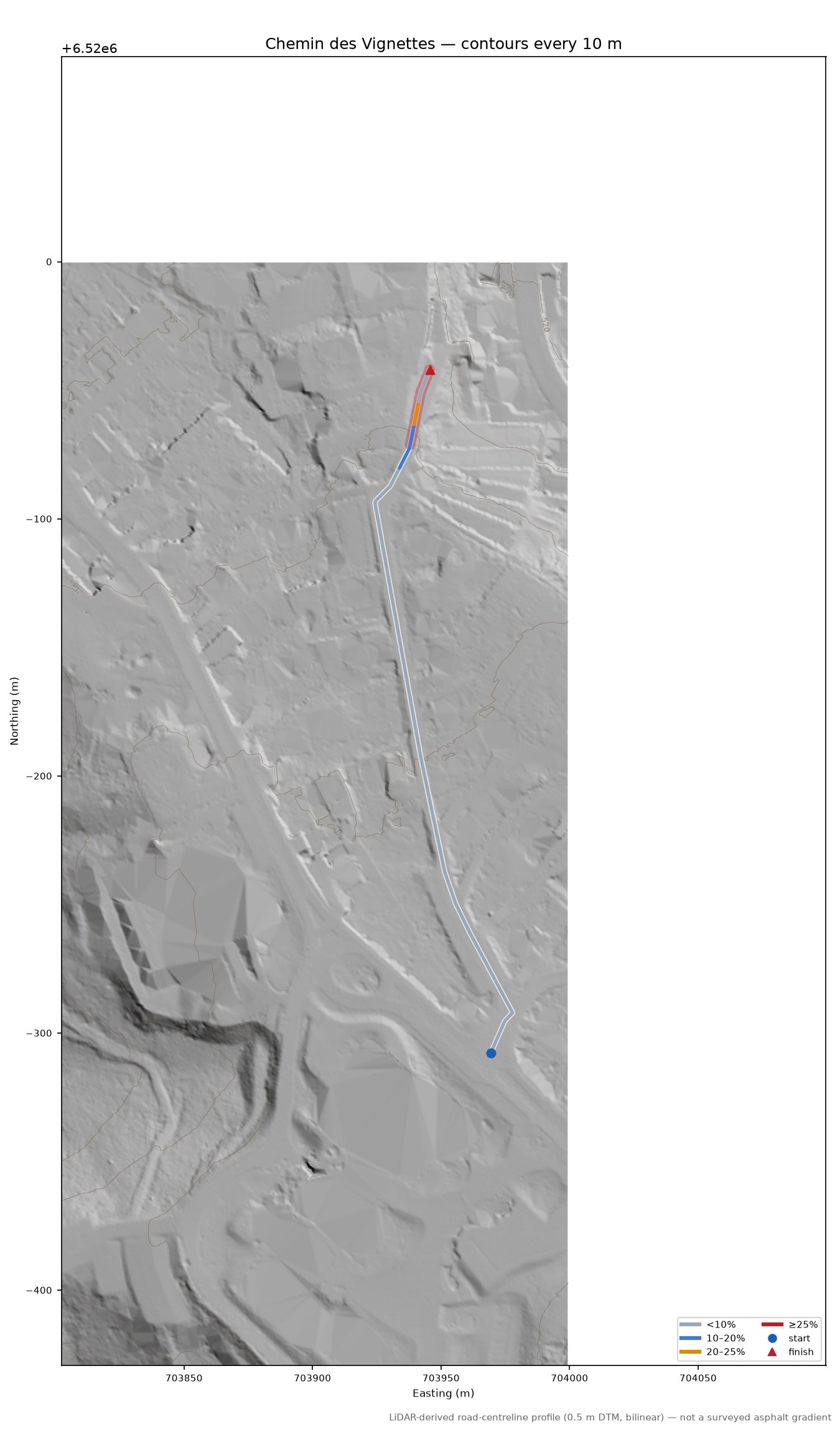 Chemin des Vignettes LiDAR hillshade map with contours