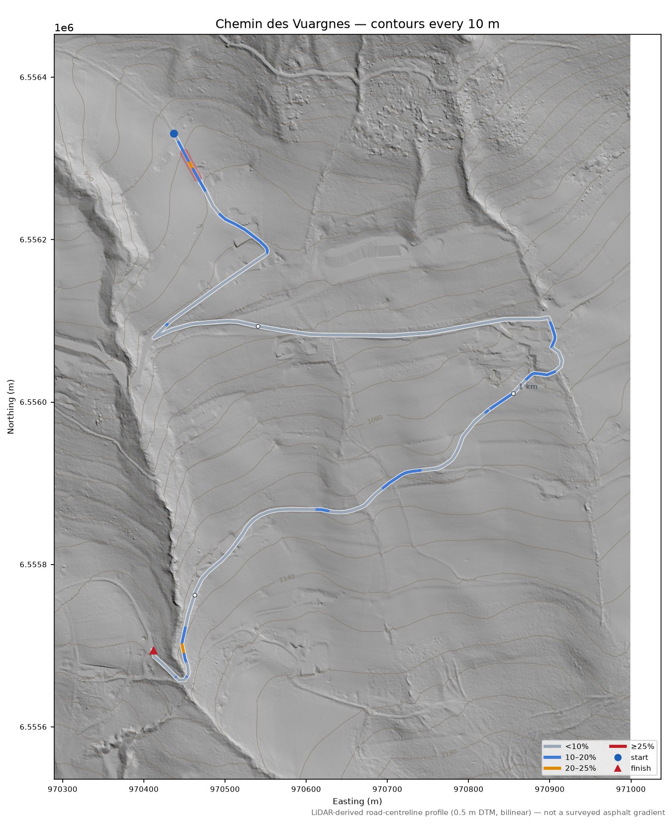 Chemin des Vuargnes LiDAR hillshade map with contours