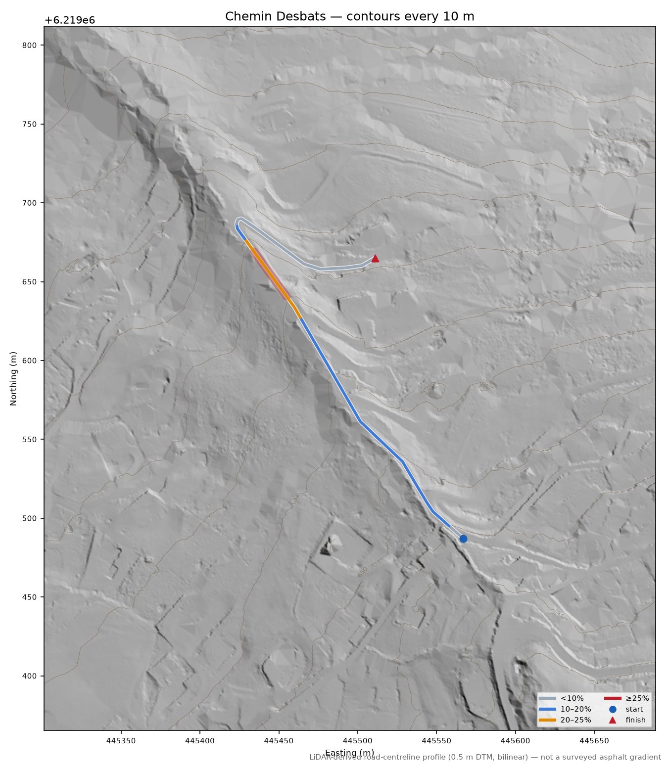 Chemin Desbats LiDAR hillshade map with contours