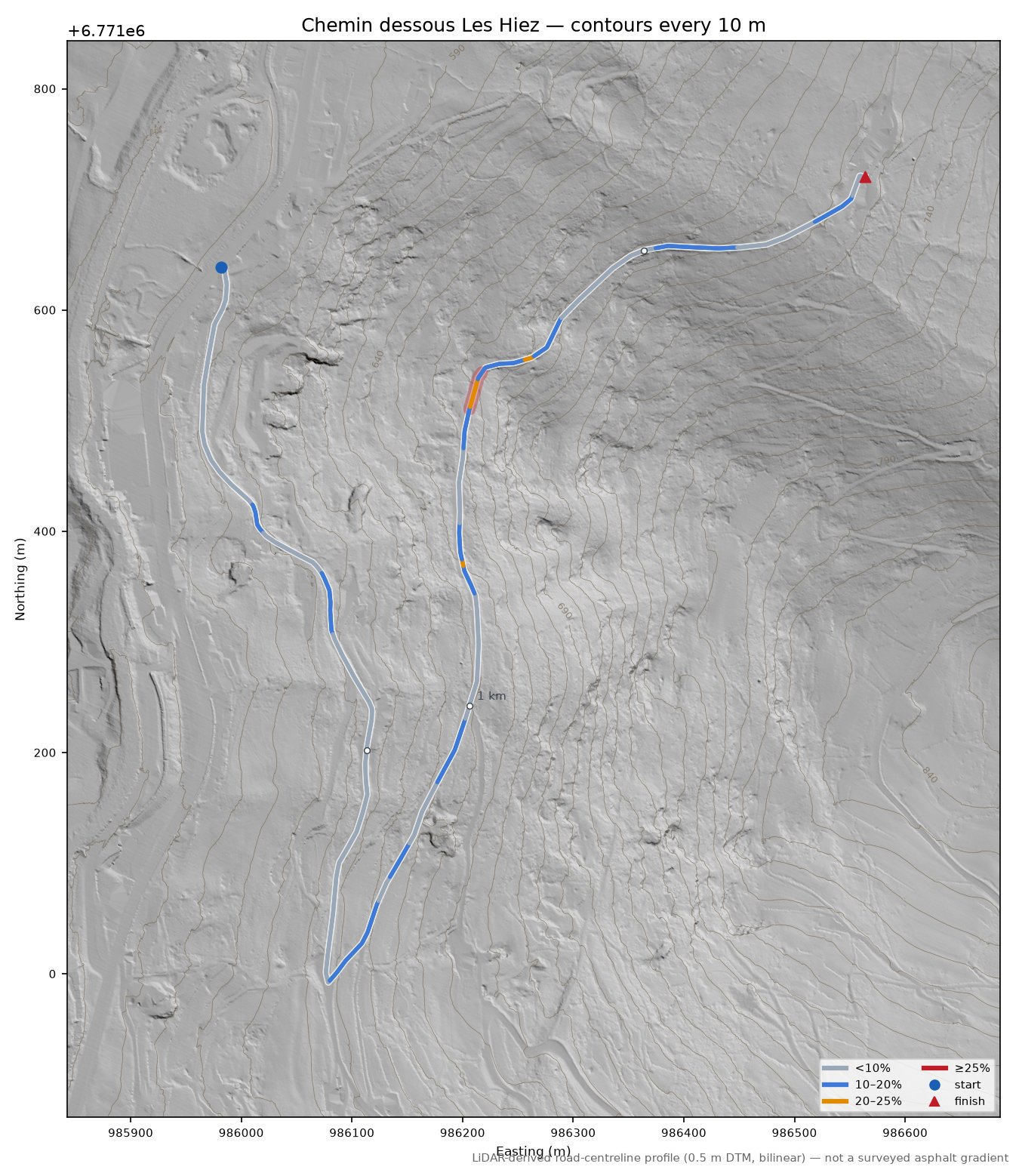 Chemin dessous Les Hiez LiDAR hillshade map with contours