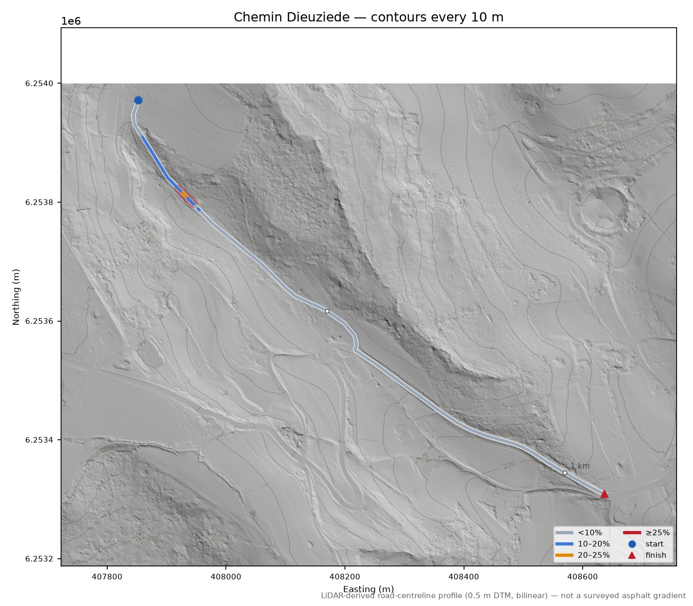 Chemin Dieuziede LiDAR hillshade map with contours