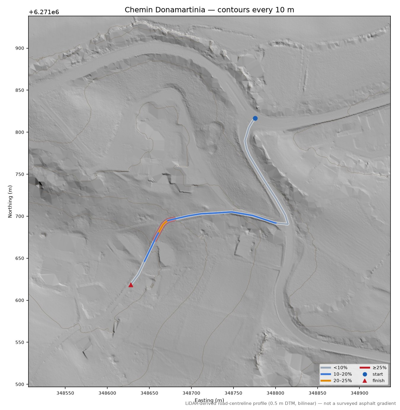 Chemin Donamartinia LiDAR hillshade map with contours