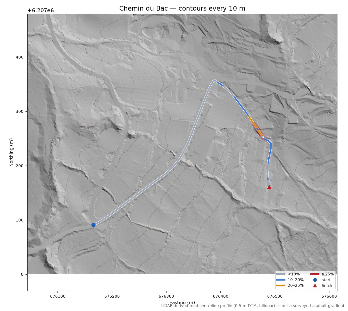 Chemin du Bac LiDAR hillshade map with contours