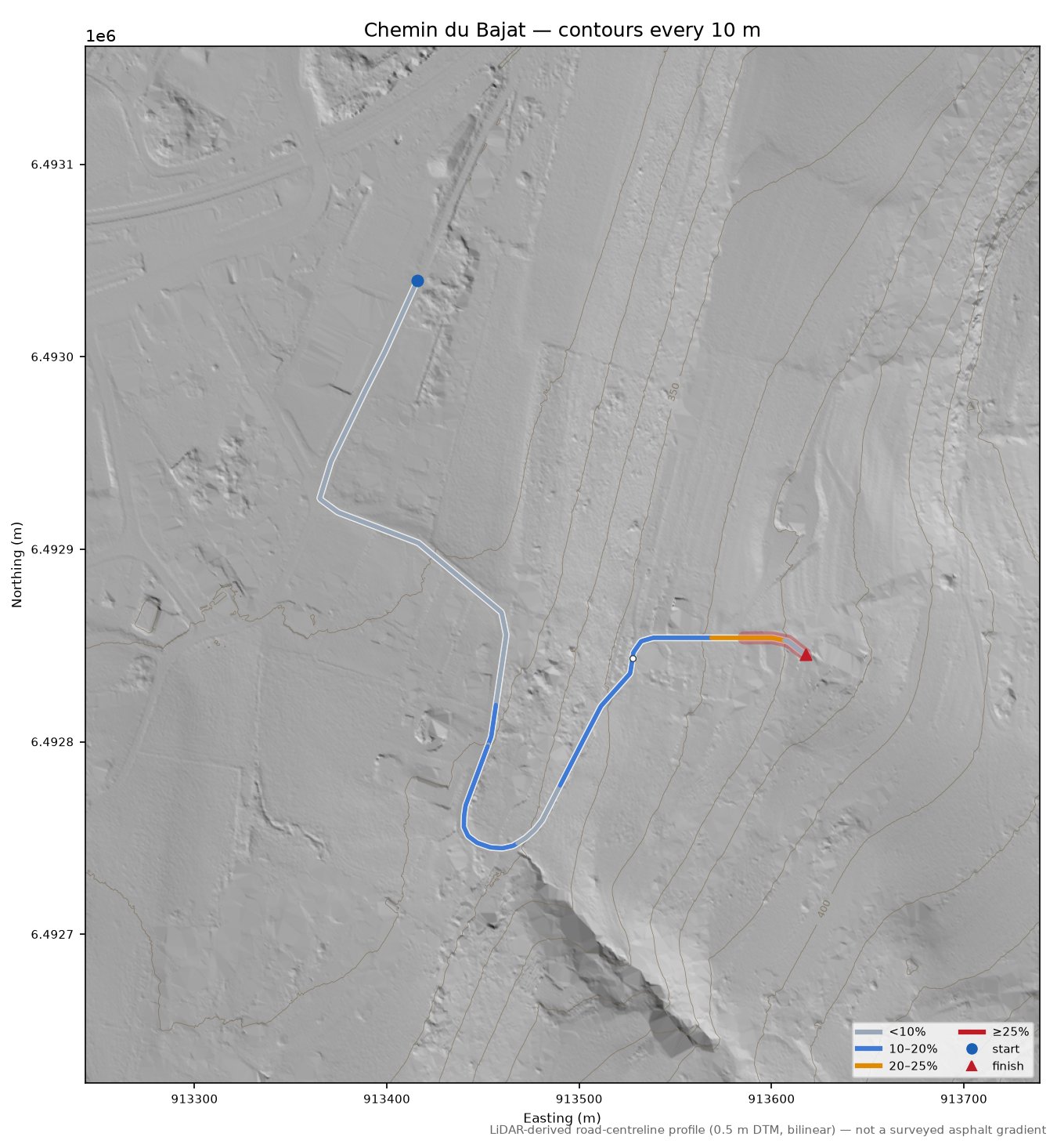 Chemin du Bajat LiDAR hillshade map with contours