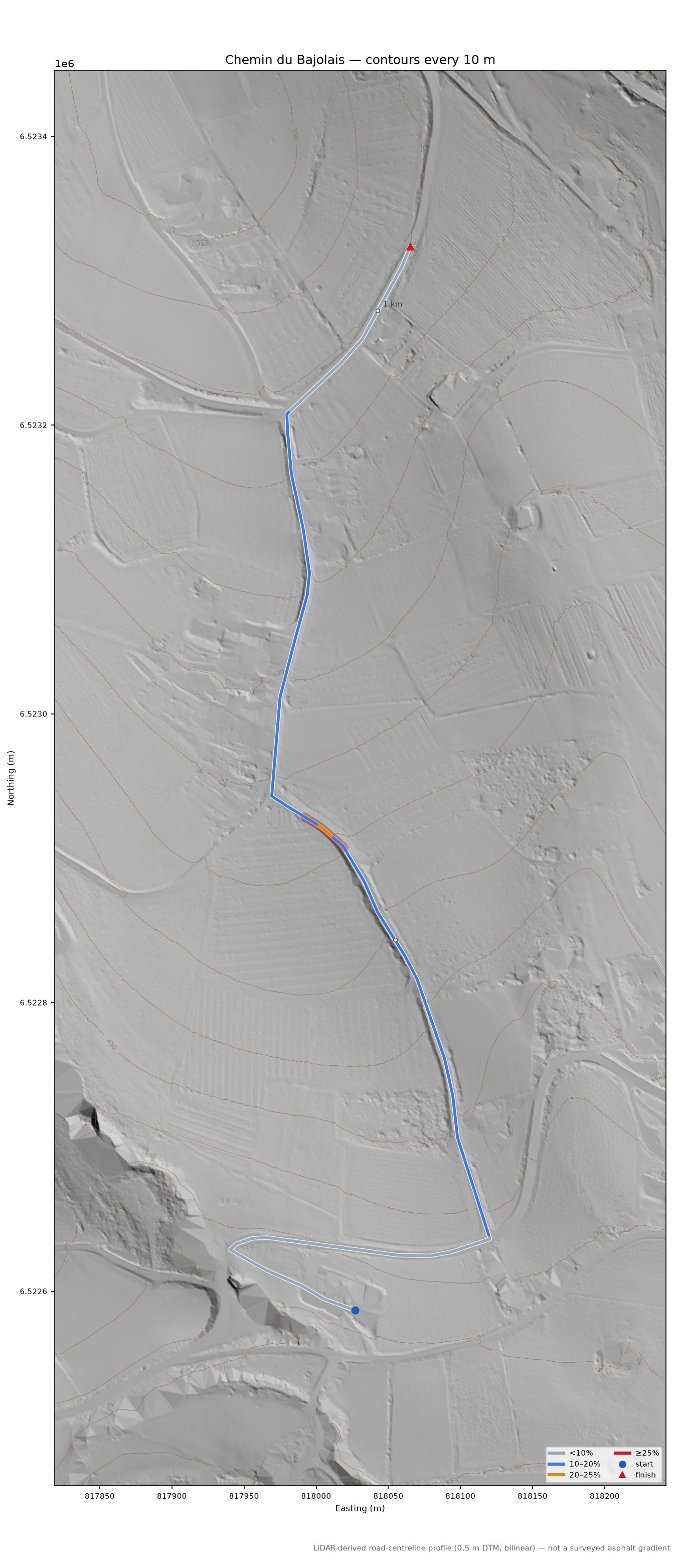 Chemin du Bajolais LiDAR hillshade map with contours