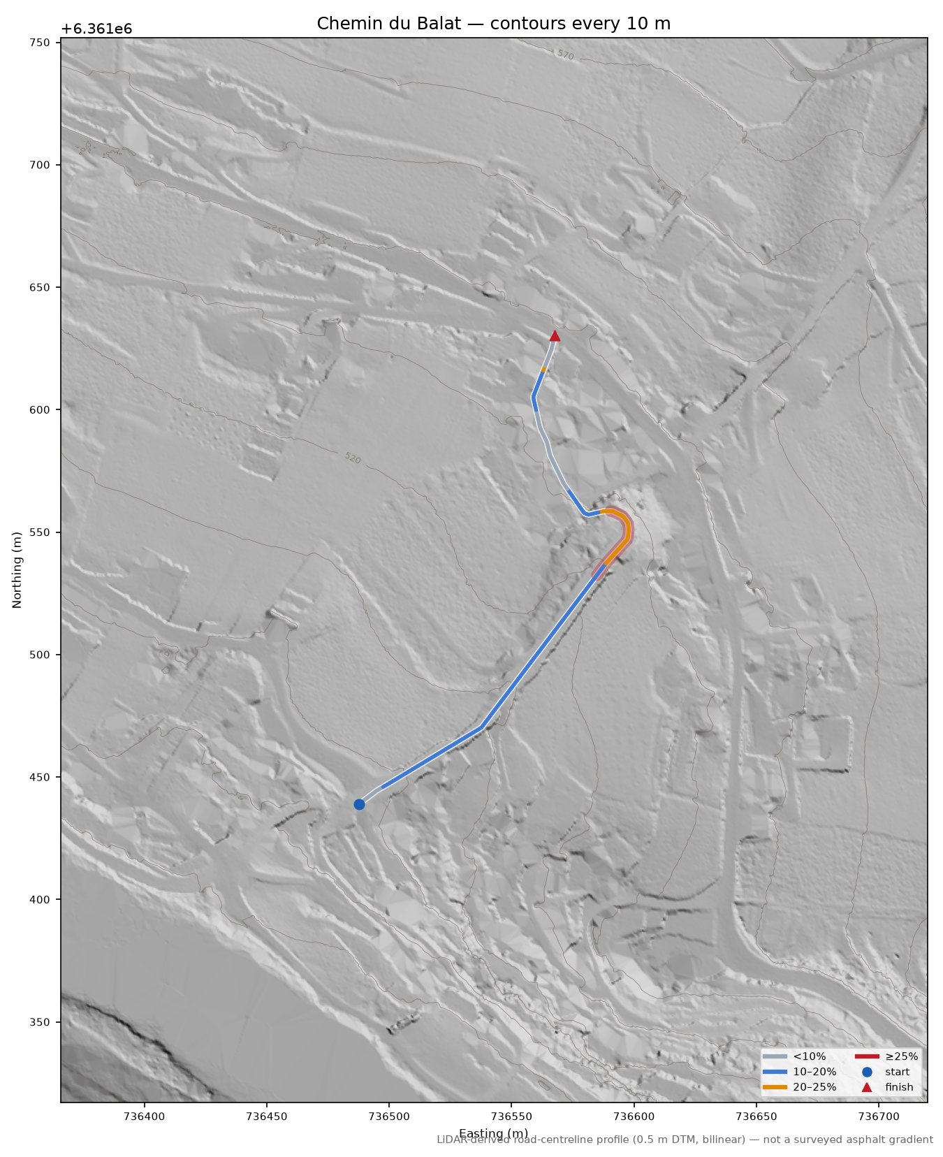 Chemin du Balat LiDAR hillshade map with contours