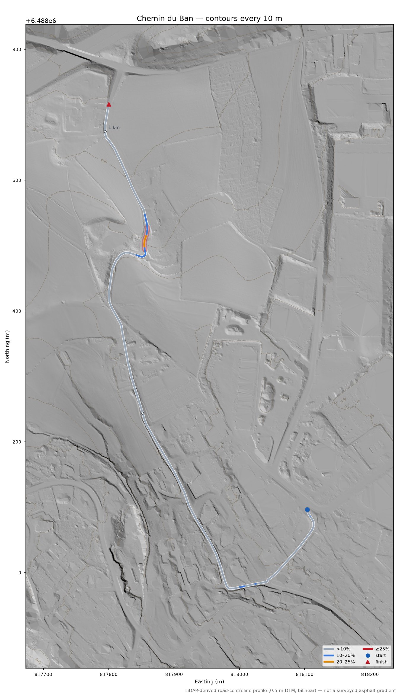Chemin du Ban LiDAR hillshade map with contours