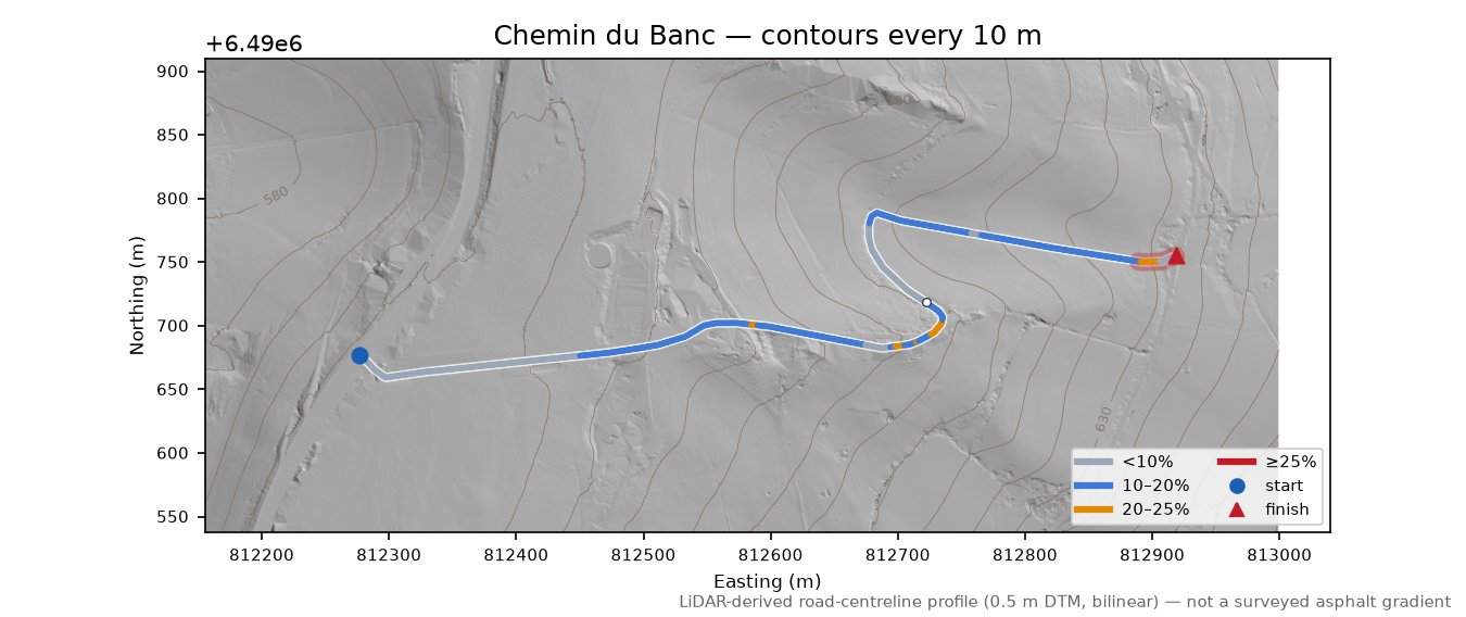 Chemin du Banc LiDAR hillshade map with contours