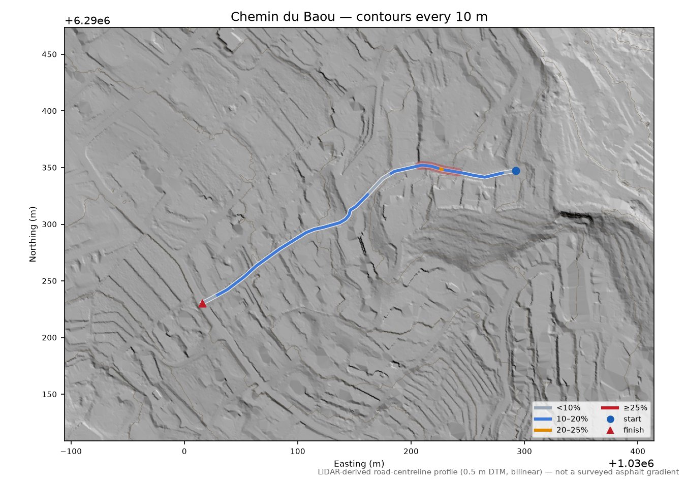 Chemin du Baou LiDAR hillshade map with contours