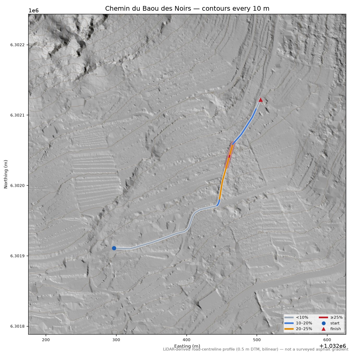Chemin du Baou des Noirs LiDAR hillshade map with contours