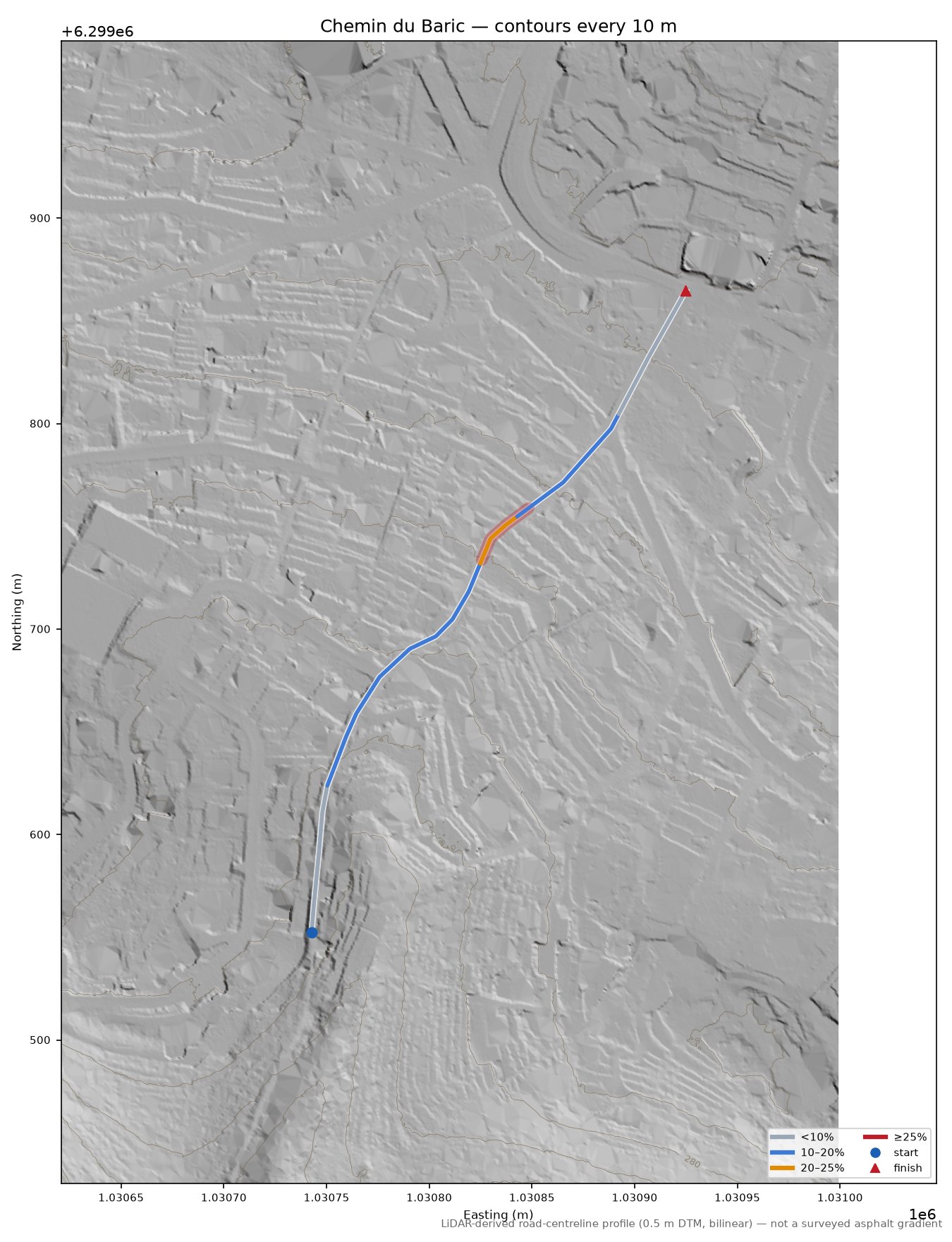 Chemin du Baric LiDAR hillshade map with contours