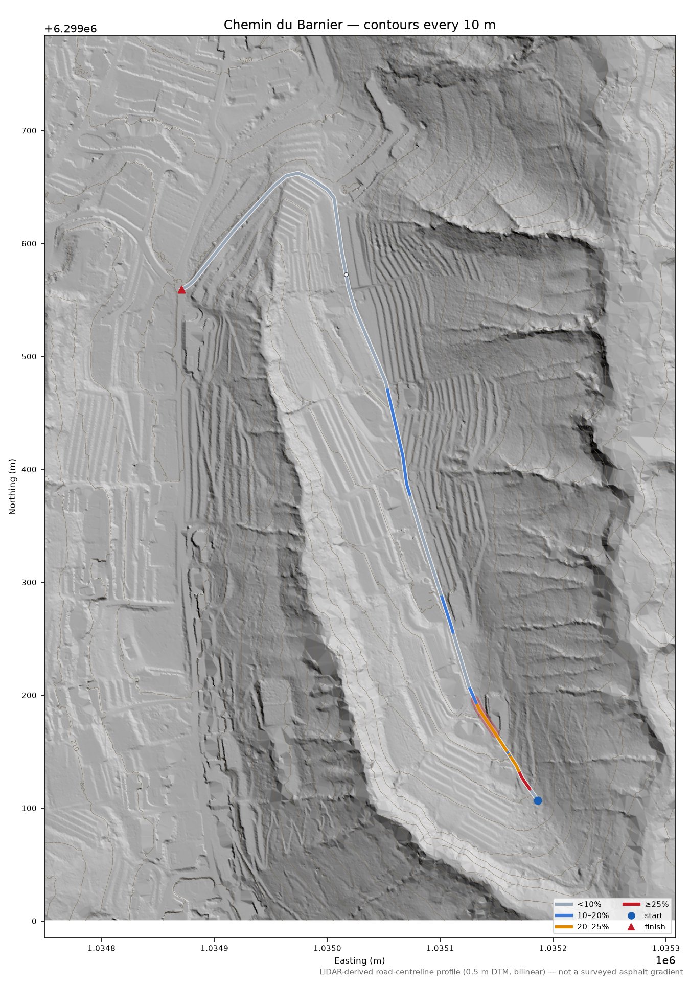 Chemin du Barnier LiDAR hillshade map with contours