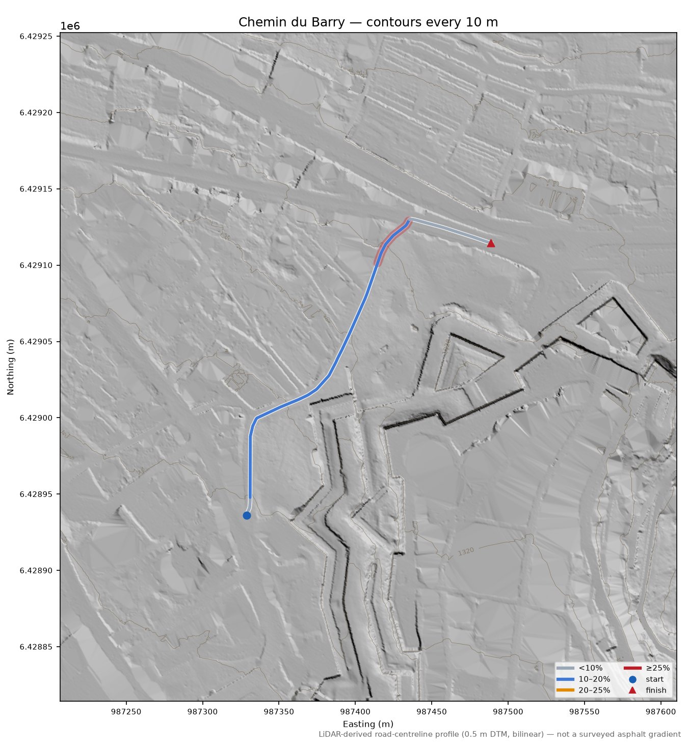 Chemin du Barry LiDAR hillshade map with contours