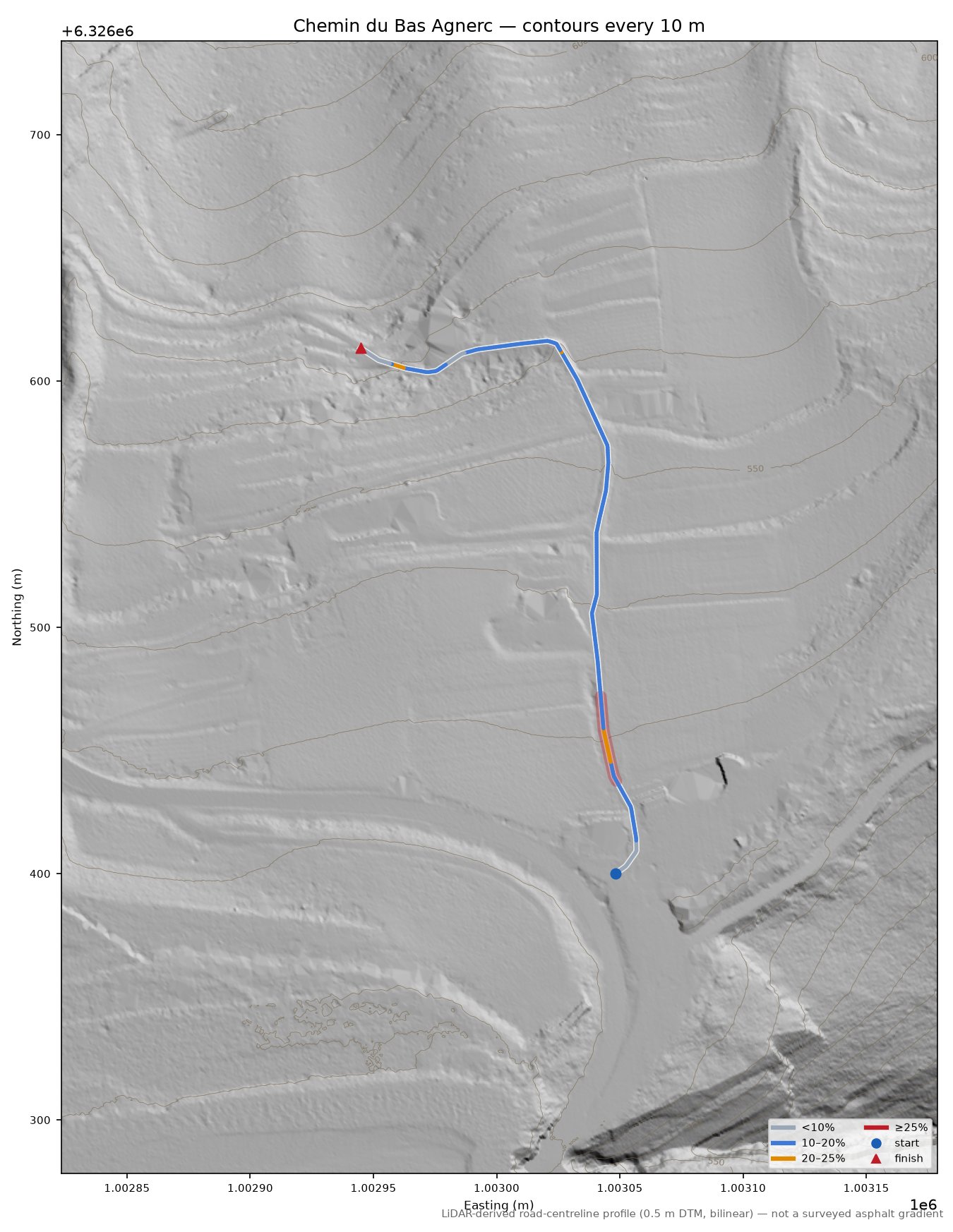Chemin du Bas Agnerc LiDAR hillshade map with contours