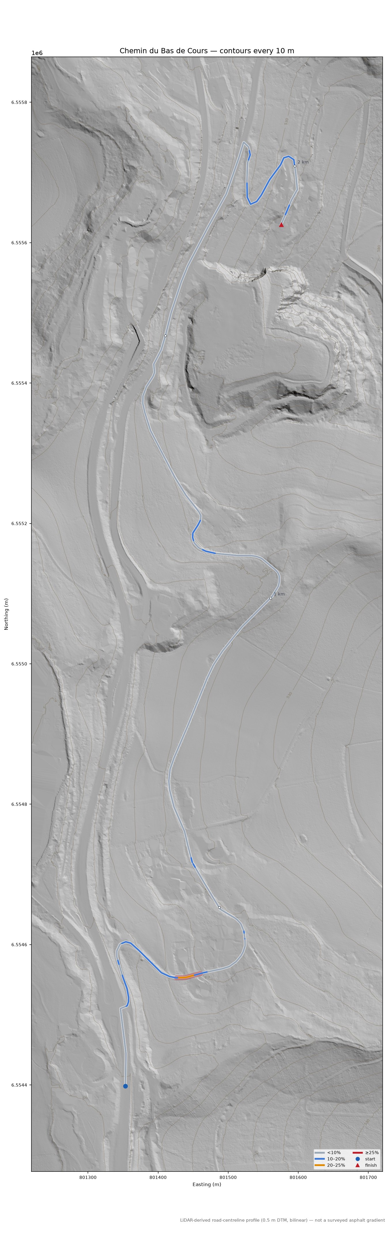 Chemin du Bas de Cours LiDAR hillshade map with contours