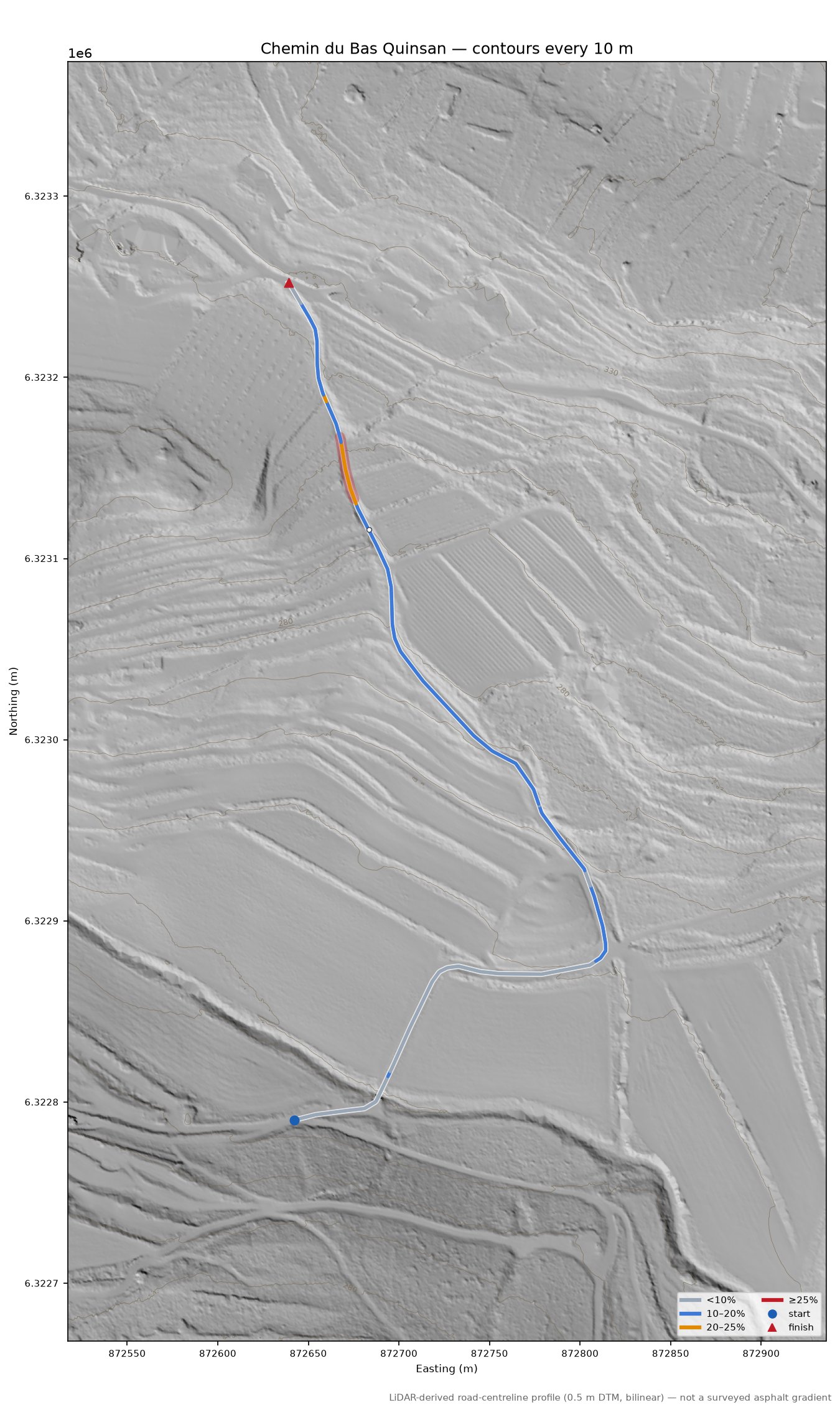 Chemin du Bas Quinsan LiDAR hillshade map with contours