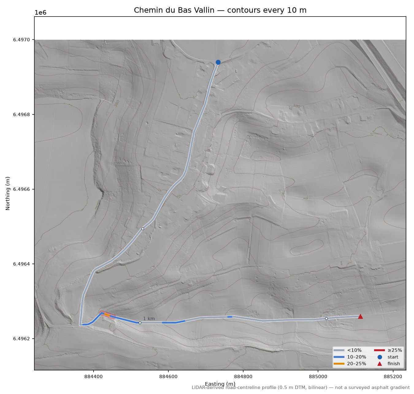 Chemin du Bas Vallin LiDAR hillshade map with contours