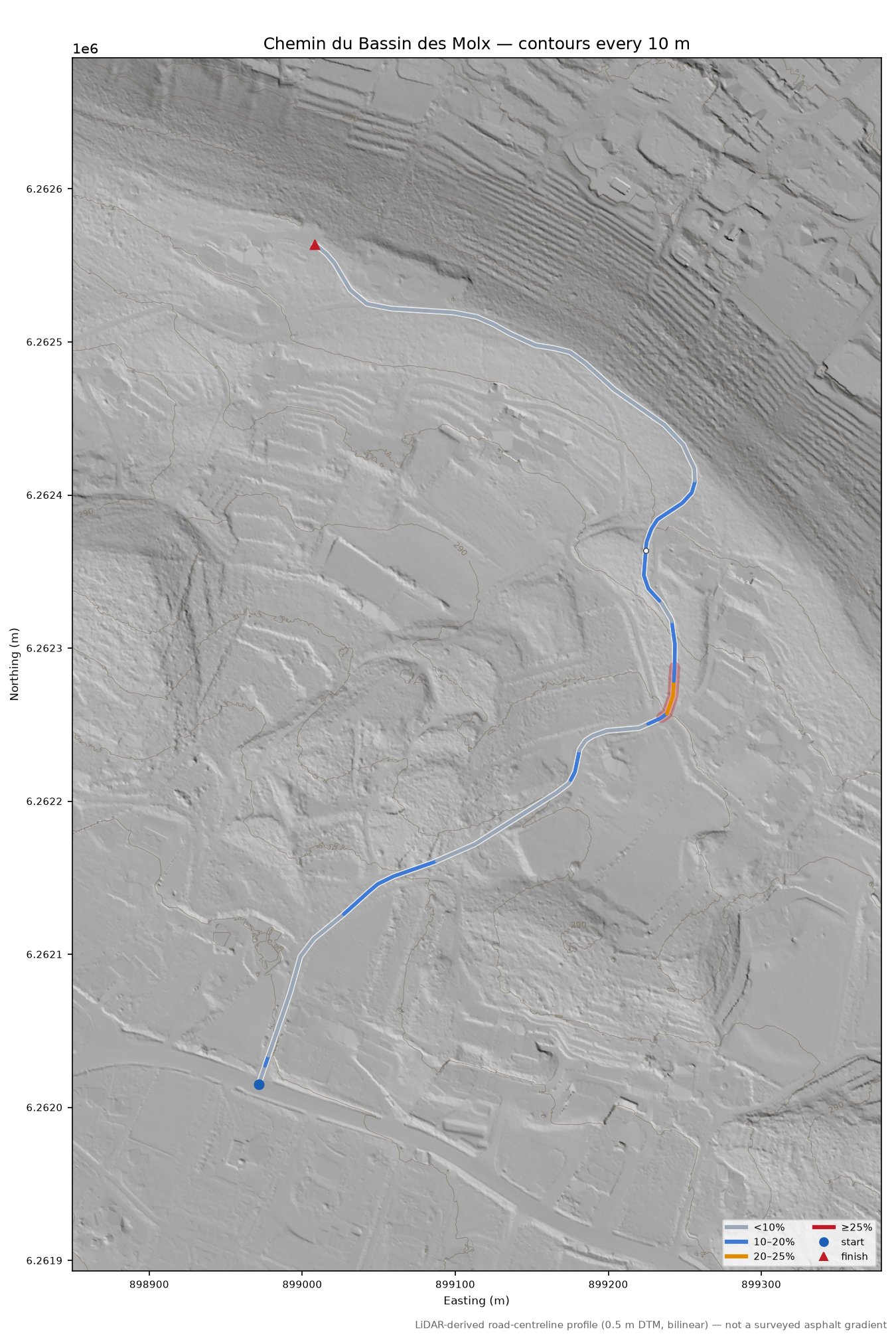 Chemin du Bassin des Molx LiDAR hillshade map with contours