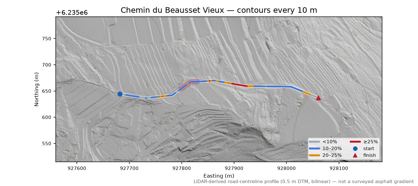 Chemin du Beausset Vieux LiDAR hillshade map with contours