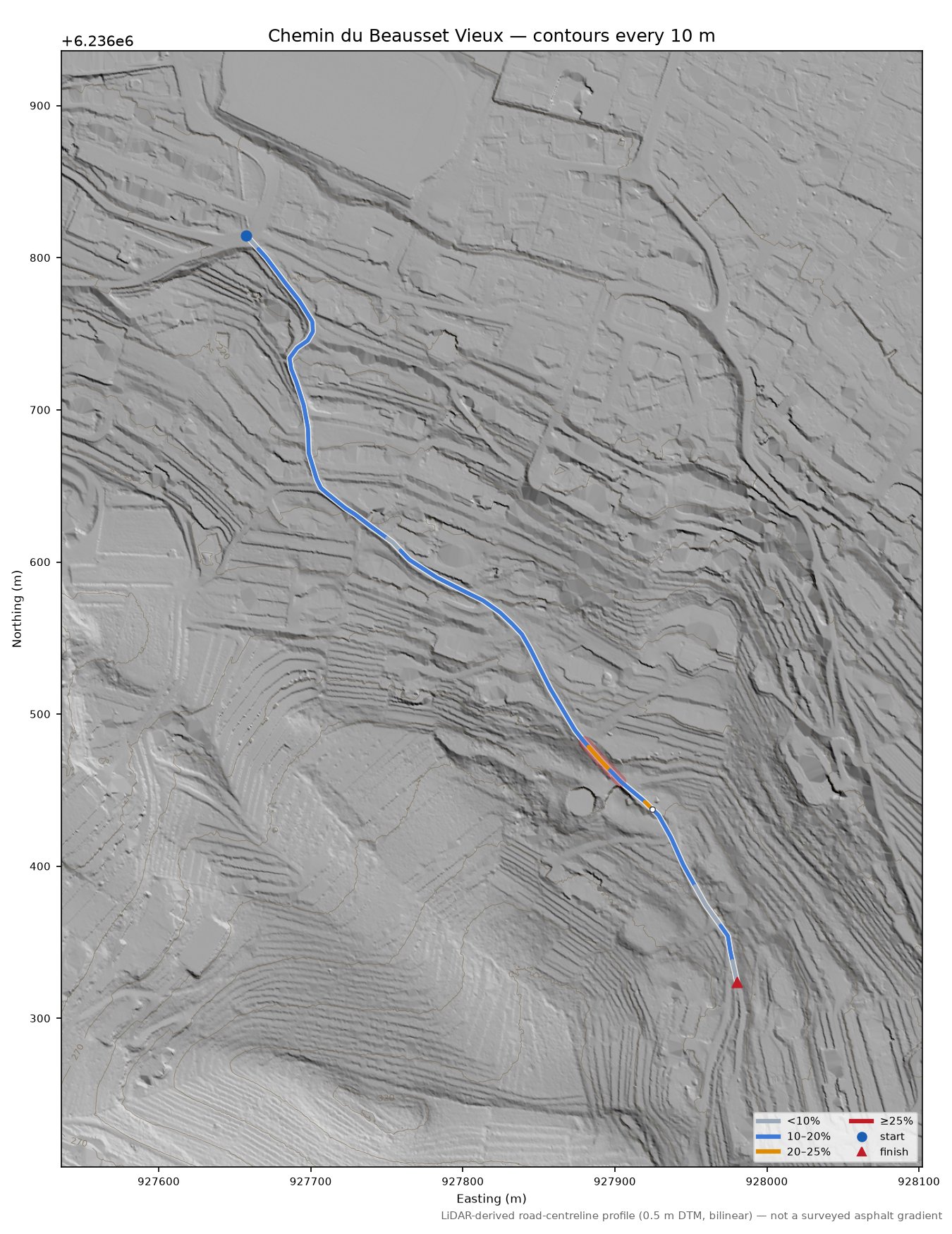 Chemin du Beausset Vieux LiDAR hillshade map with contours