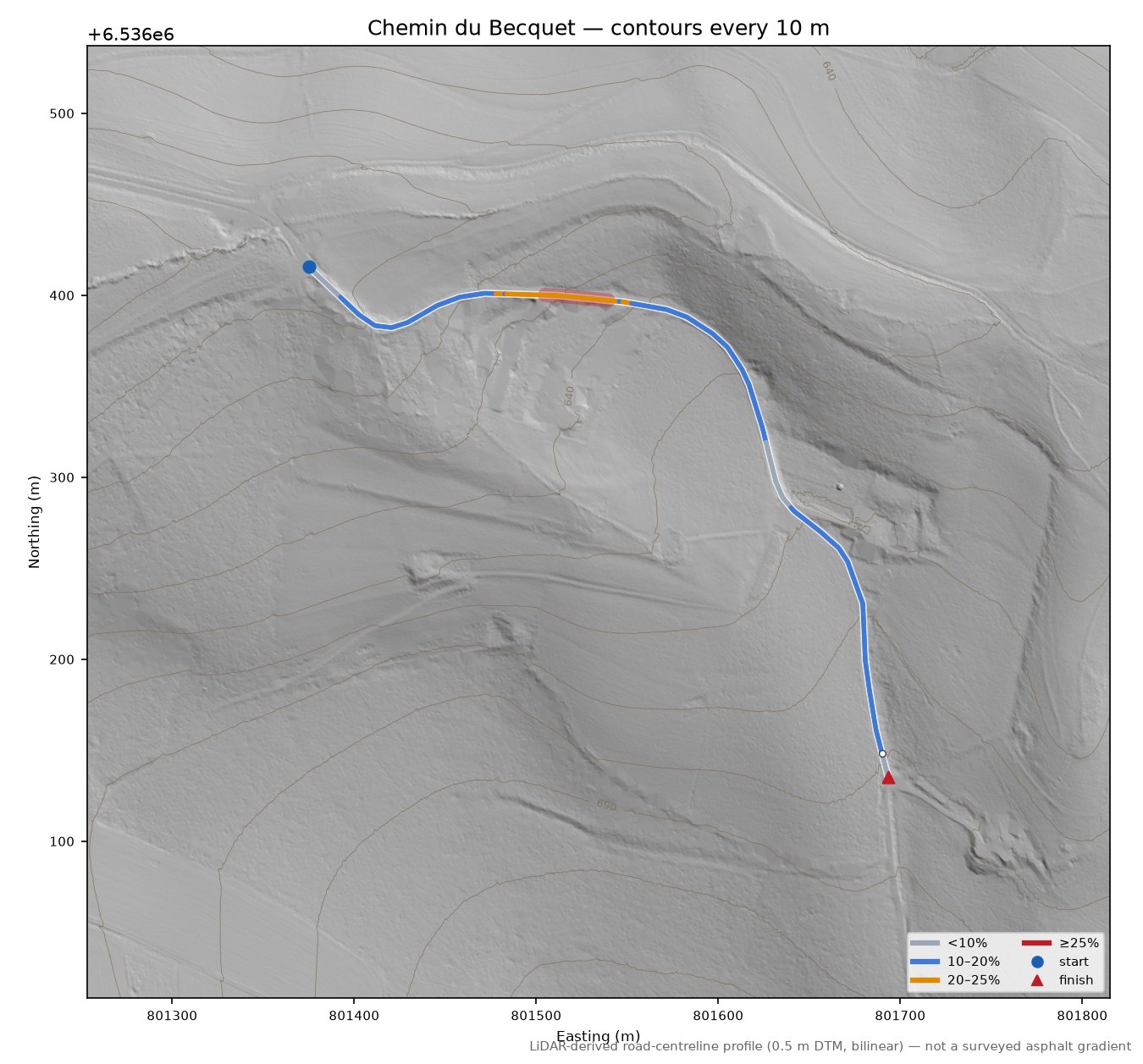 Chemin du Becquet LiDAR hillshade map with contours