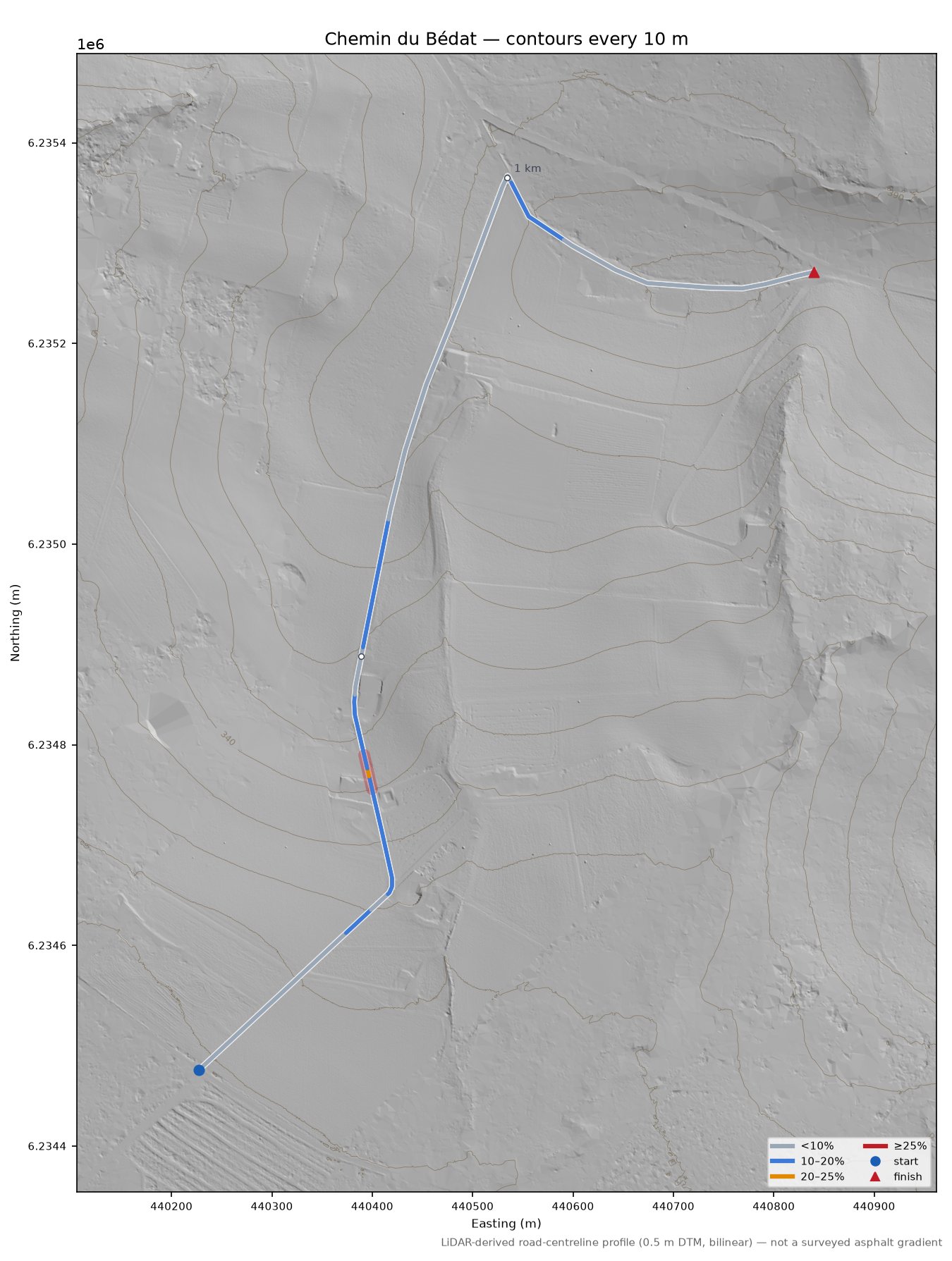 Chemin du Bédat LiDAR hillshade map with contours