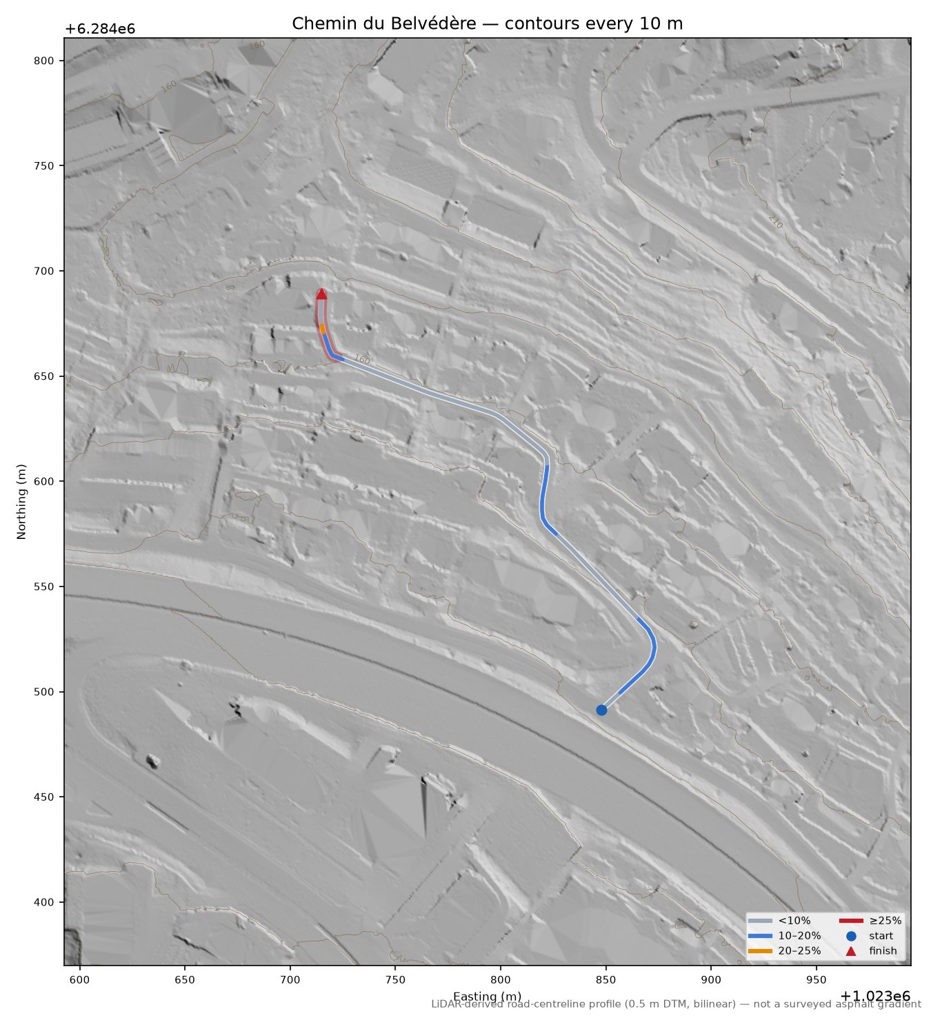 Chemin du Belvédère LiDAR hillshade map with contours