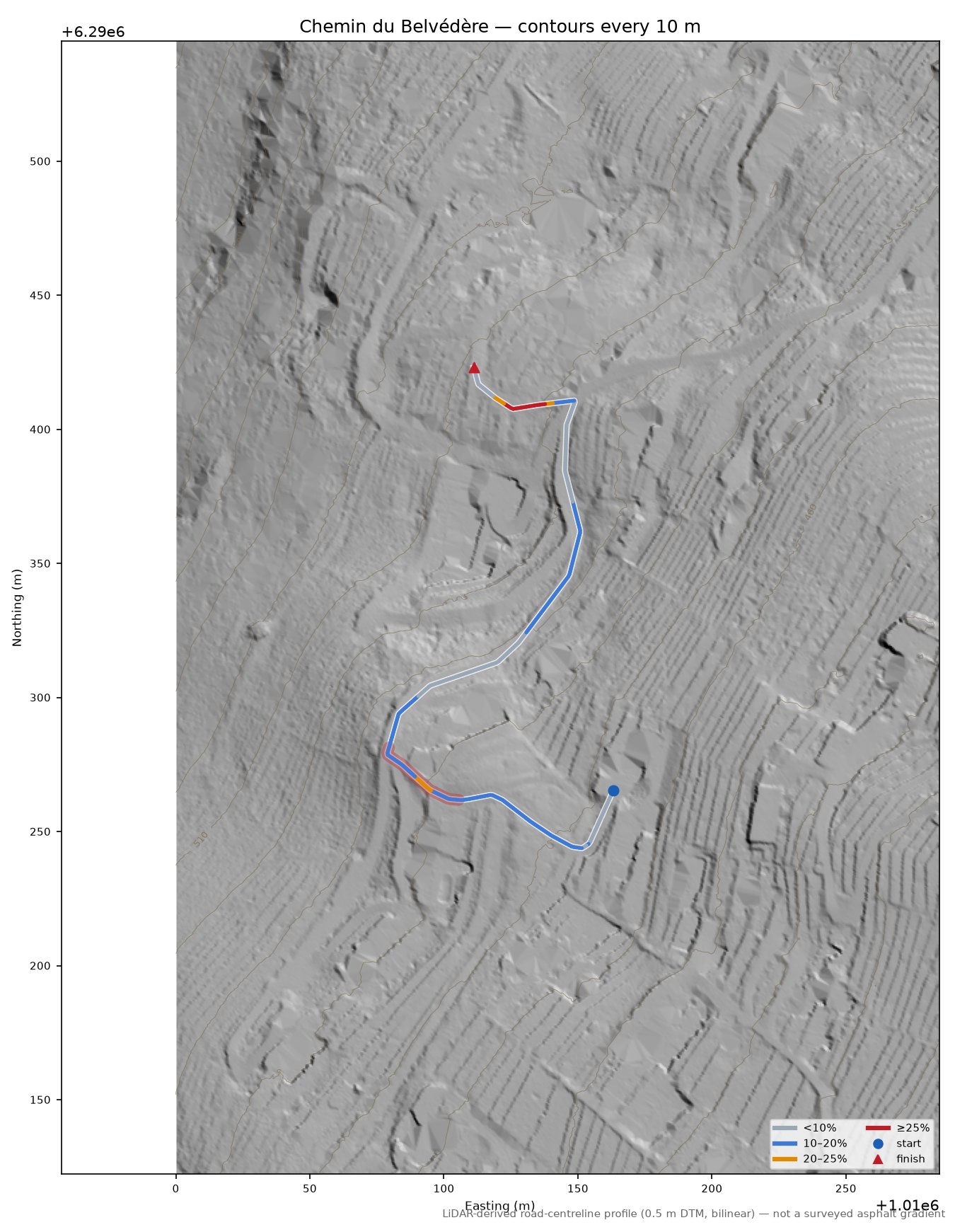 Chemin du Belvédère LiDAR hillshade map with contours