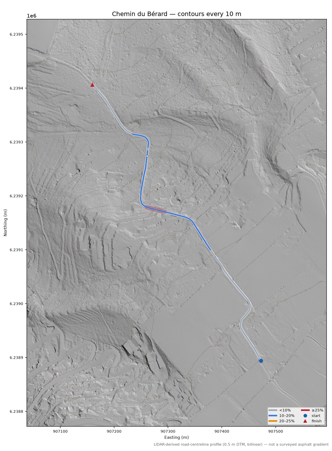 Chemin du Bérard LiDAR hillshade map with contours