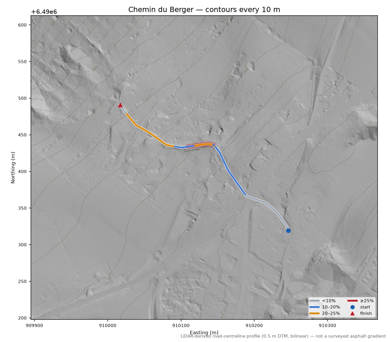 Chemin du Berger LiDAR hillshade map with contours
