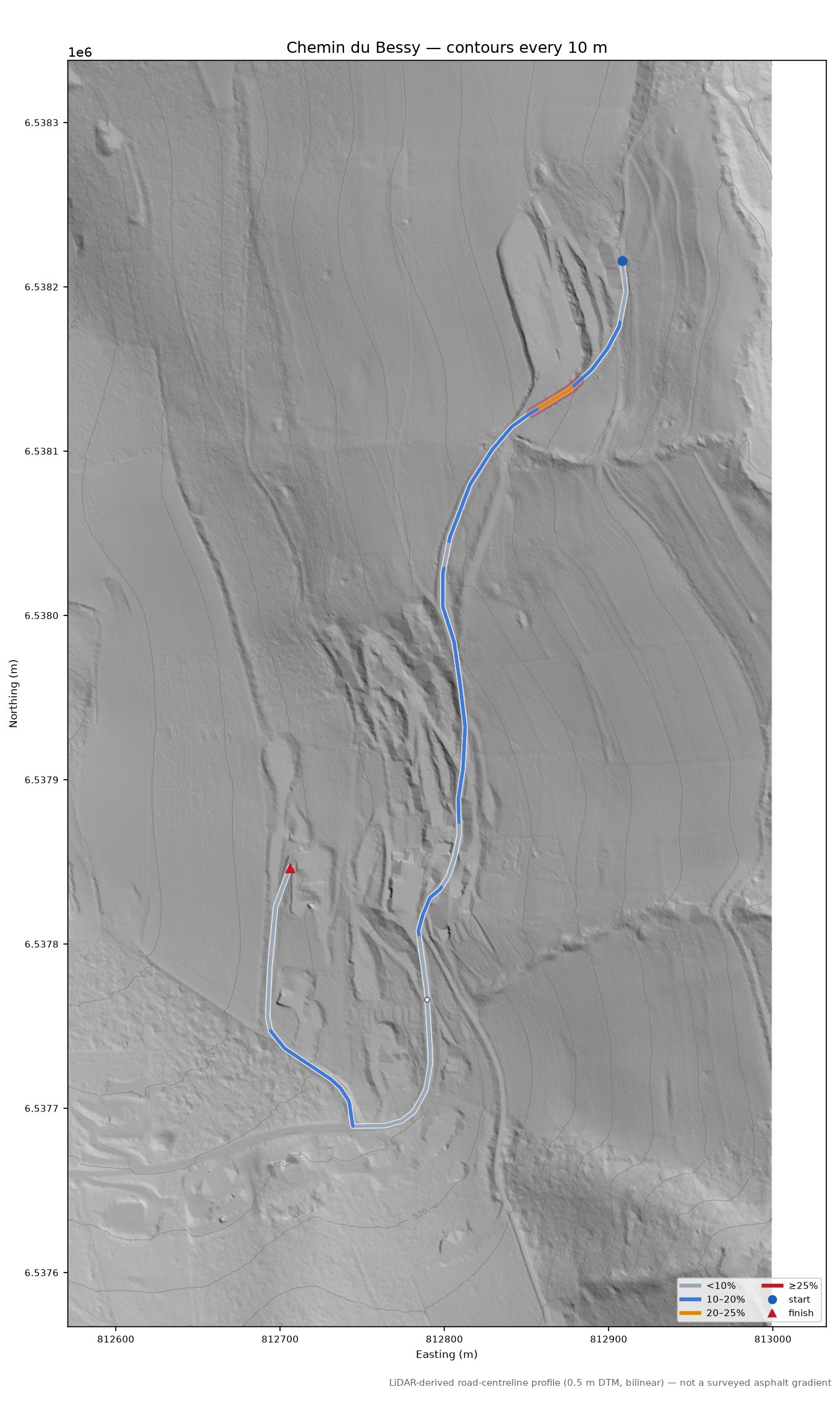 Chemin du Bessy LiDAR hillshade map with contours