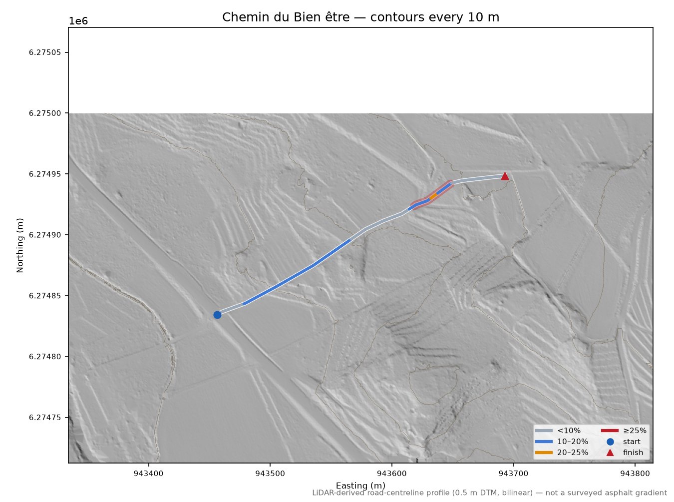 Chemin du Bien être LiDAR hillshade map with contours