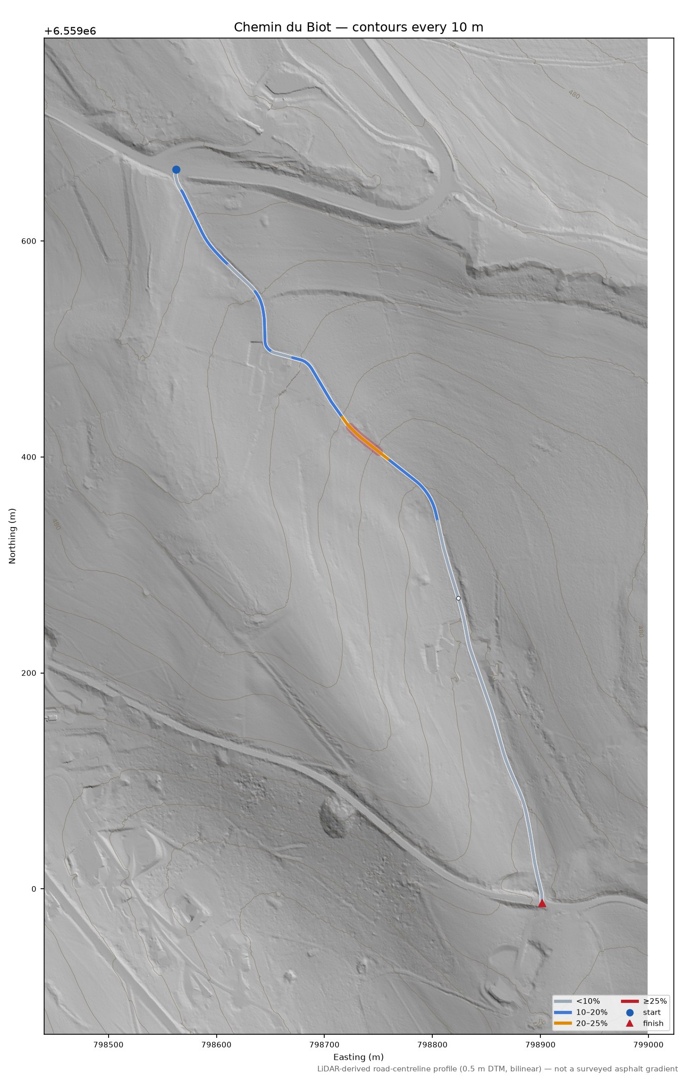Chemin du Biot LiDAR hillshade map with contours