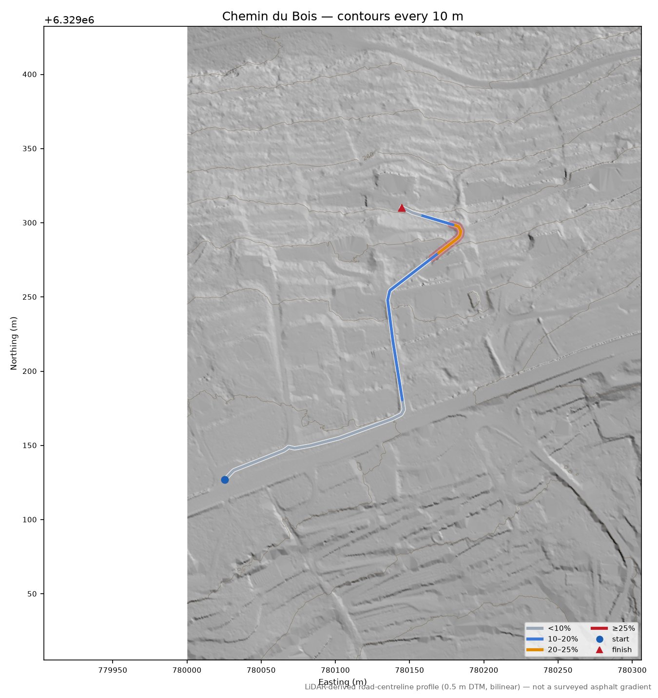 Chemin du Bois LiDAR hillshade map with contours