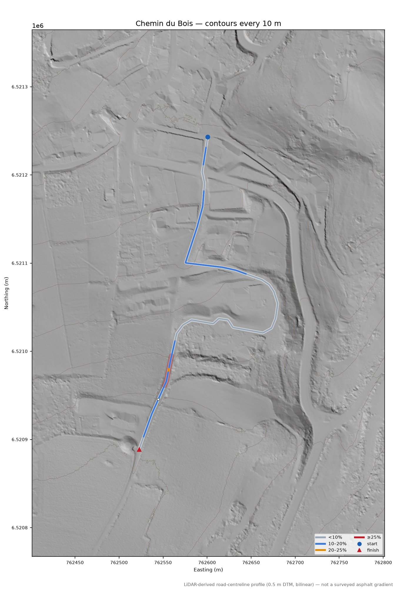 Chemin du Bois LiDAR hillshade map with contours
