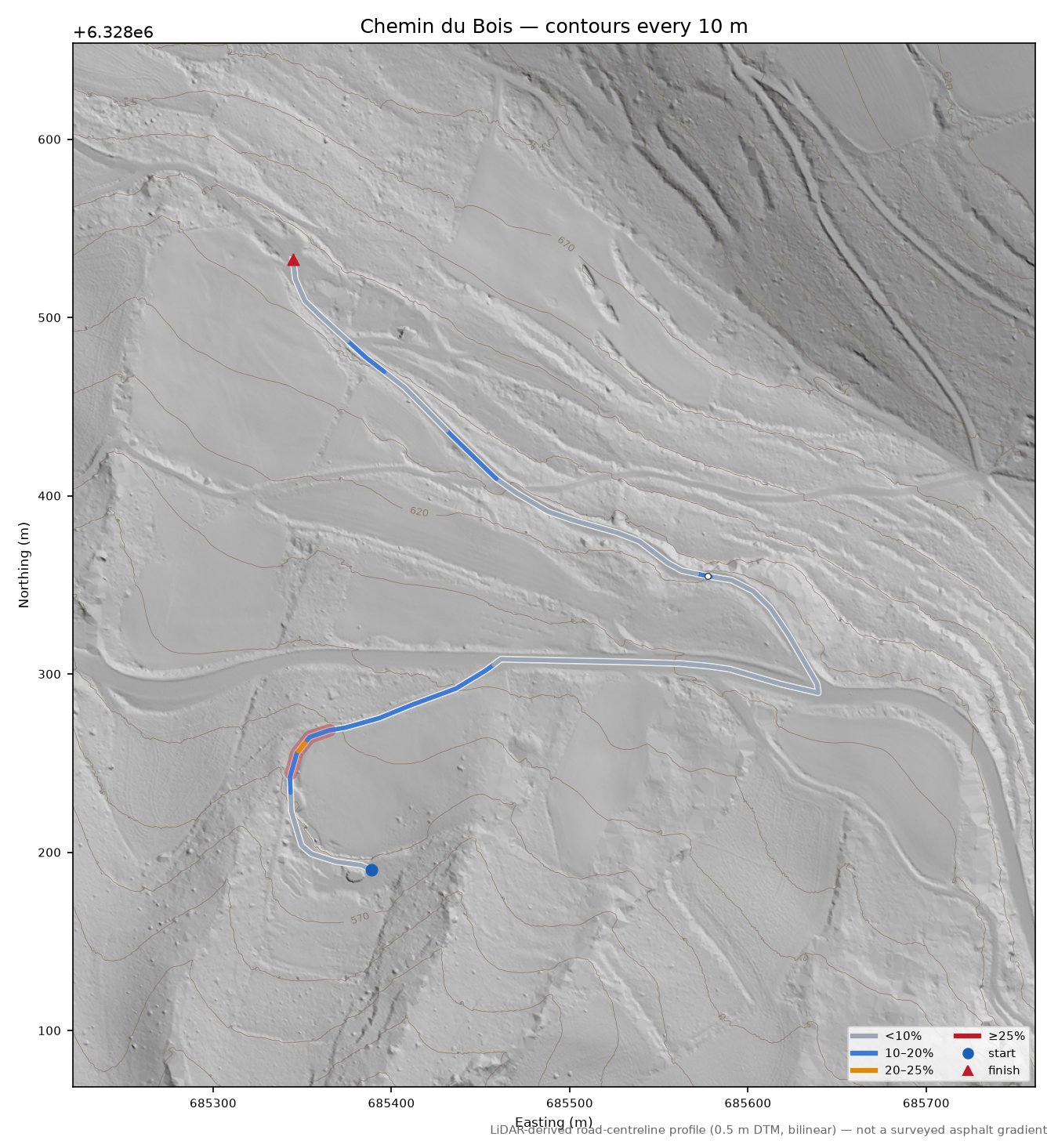 Chemin du Bois LiDAR hillshade map with contours