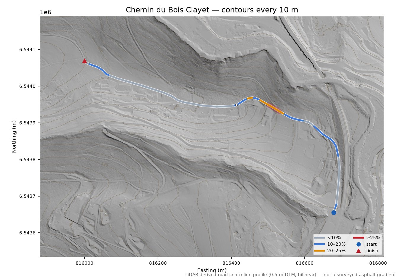 Chemin du Bois Clayet LiDAR hillshade map with contours