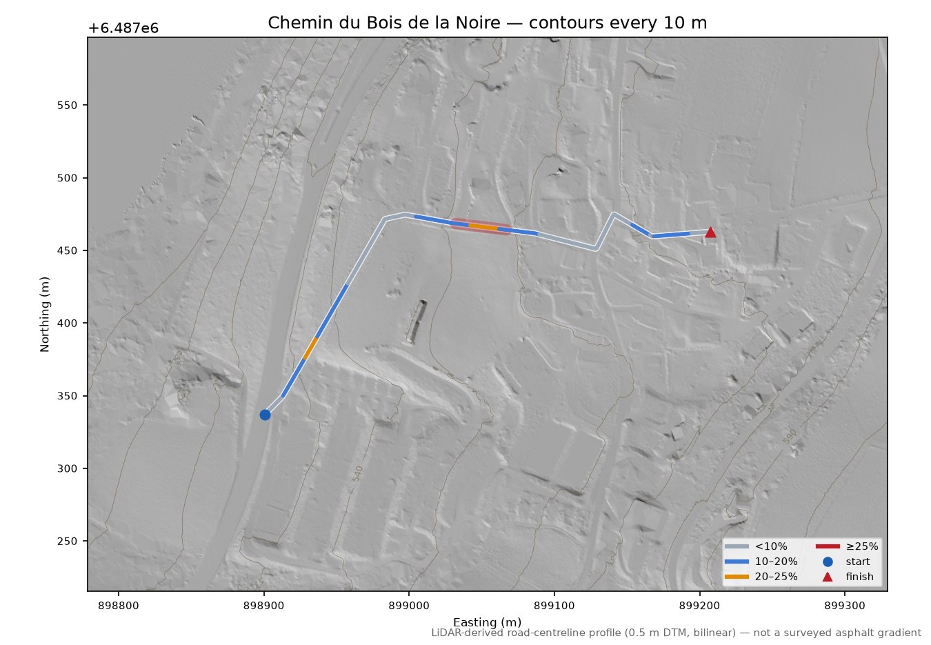 Chemin du Bois de la Noire LiDAR hillshade map with contours