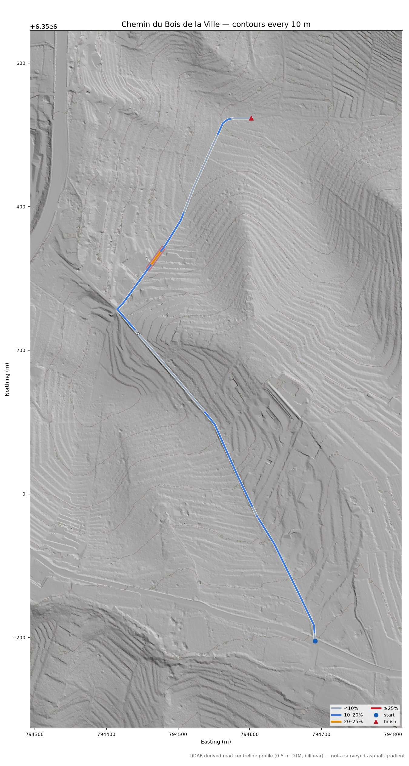 Chemin du Bois de la Ville LiDAR hillshade map with contours