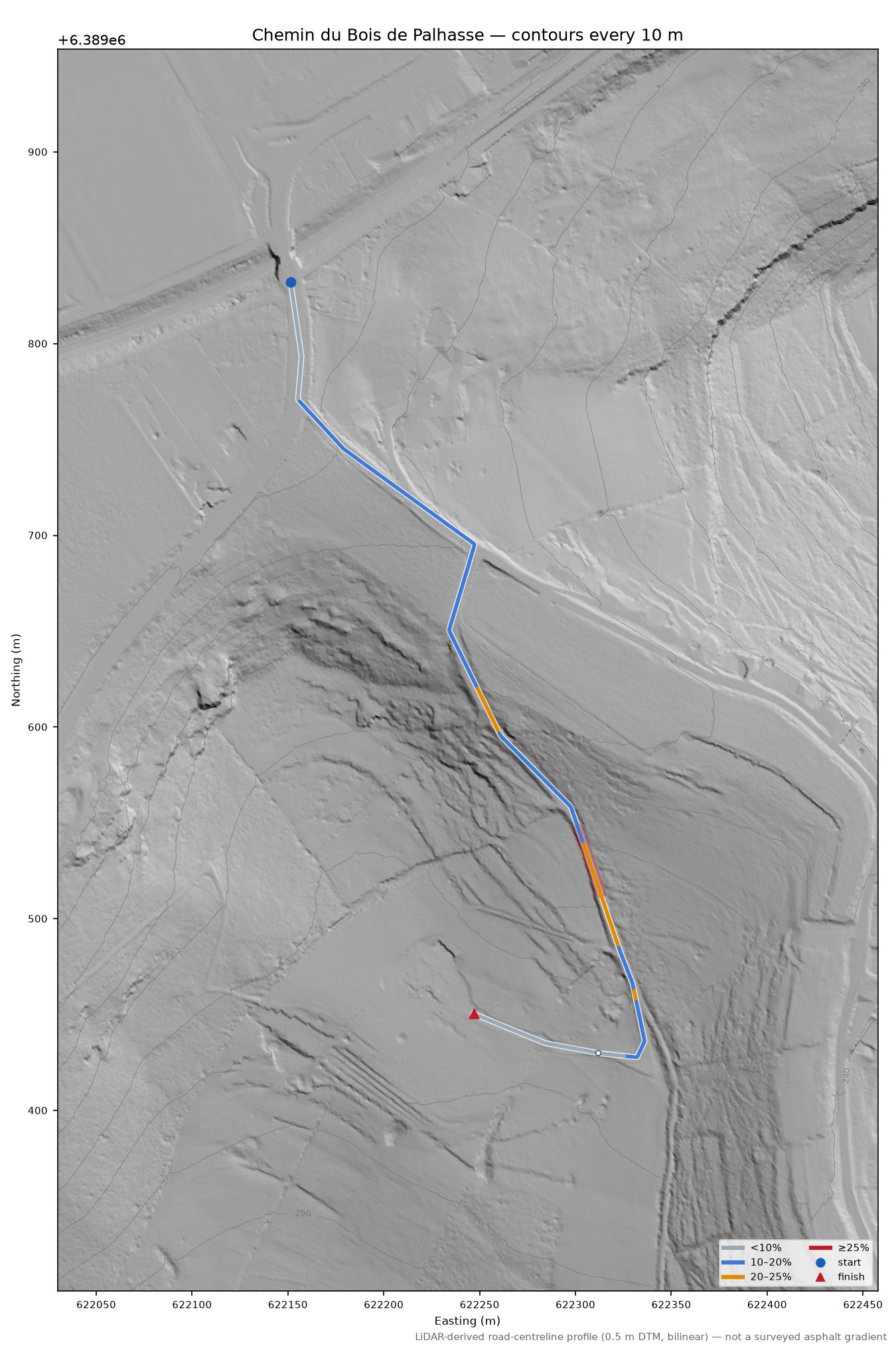 Chemin du Bois de Palhasse LiDAR hillshade map with contours