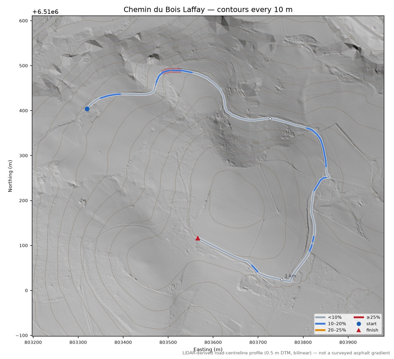 Chemin du Bois Laffay LiDAR hillshade map with contours