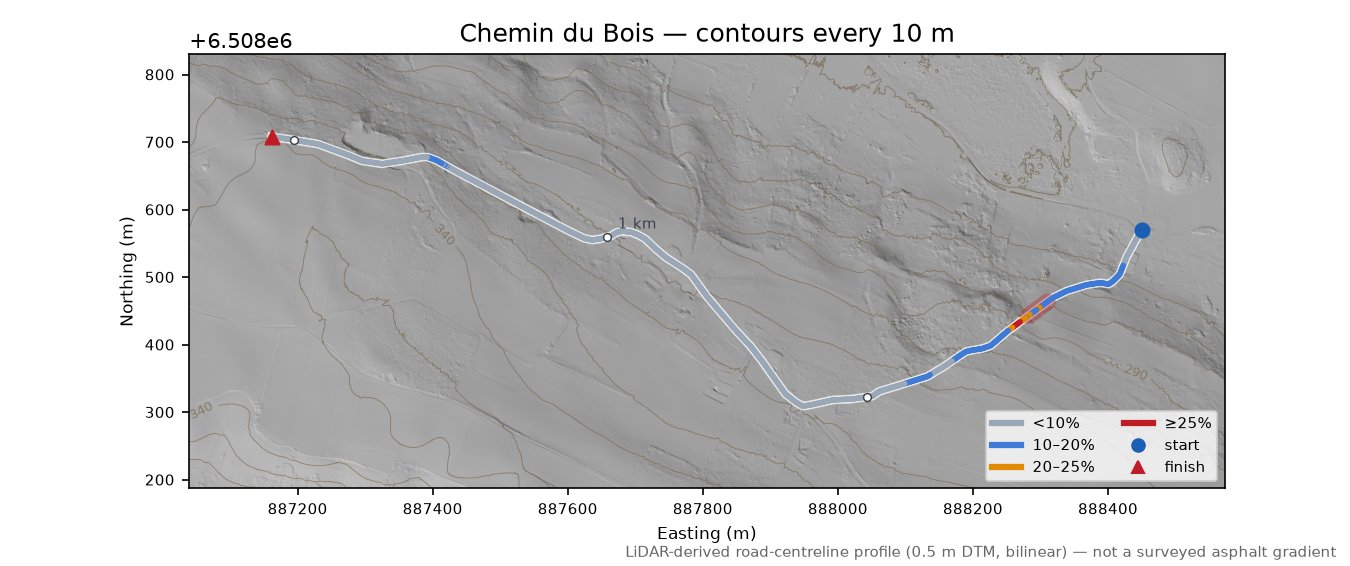Chemin du Bois LiDAR hillshade map with contours