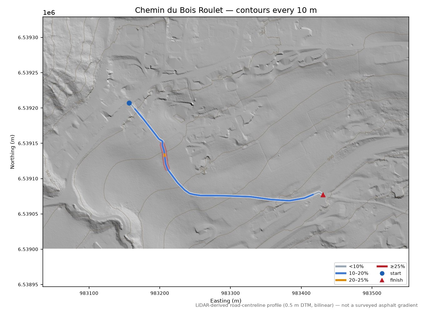 Chemin du Bois Roulet LiDAR hillshade map with contours