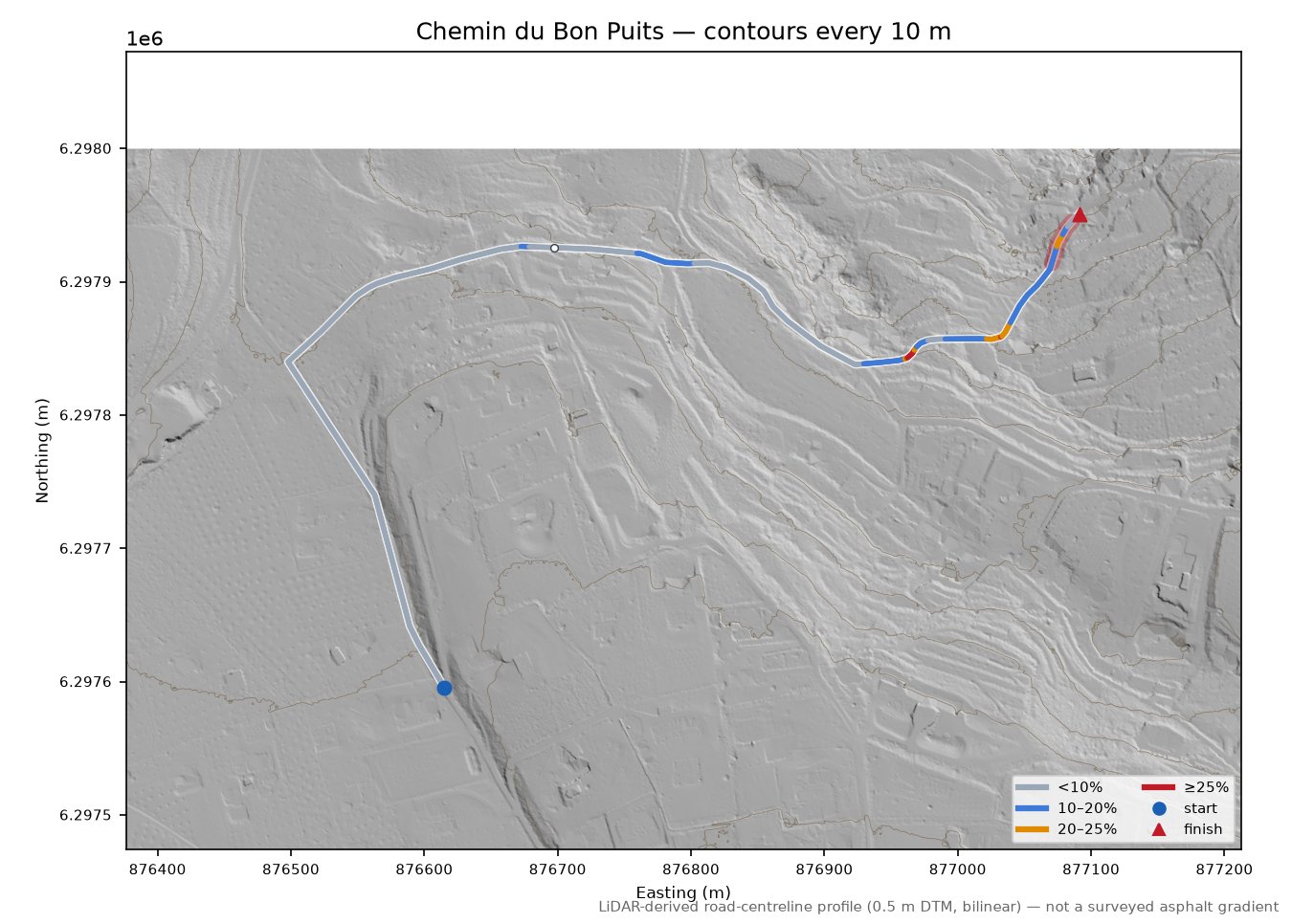 Chemin du Bon Puits LiDAR hillshade map with contours