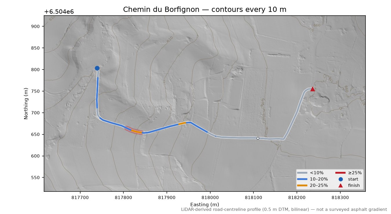 Chemin du Borfignon LiDAR hillshade map with contours