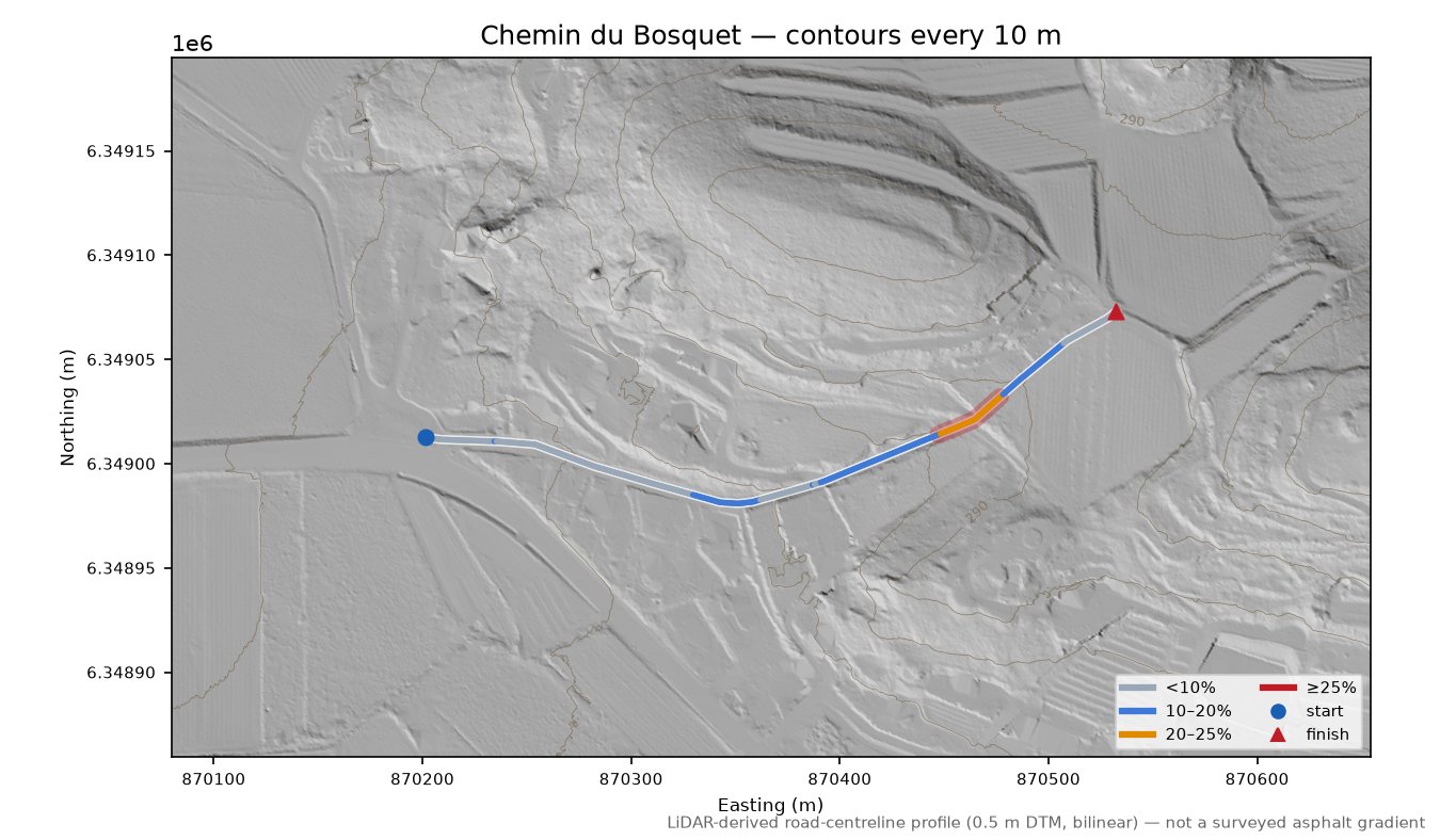 Chemin du Bosquet LiDAR hillshade map with contours