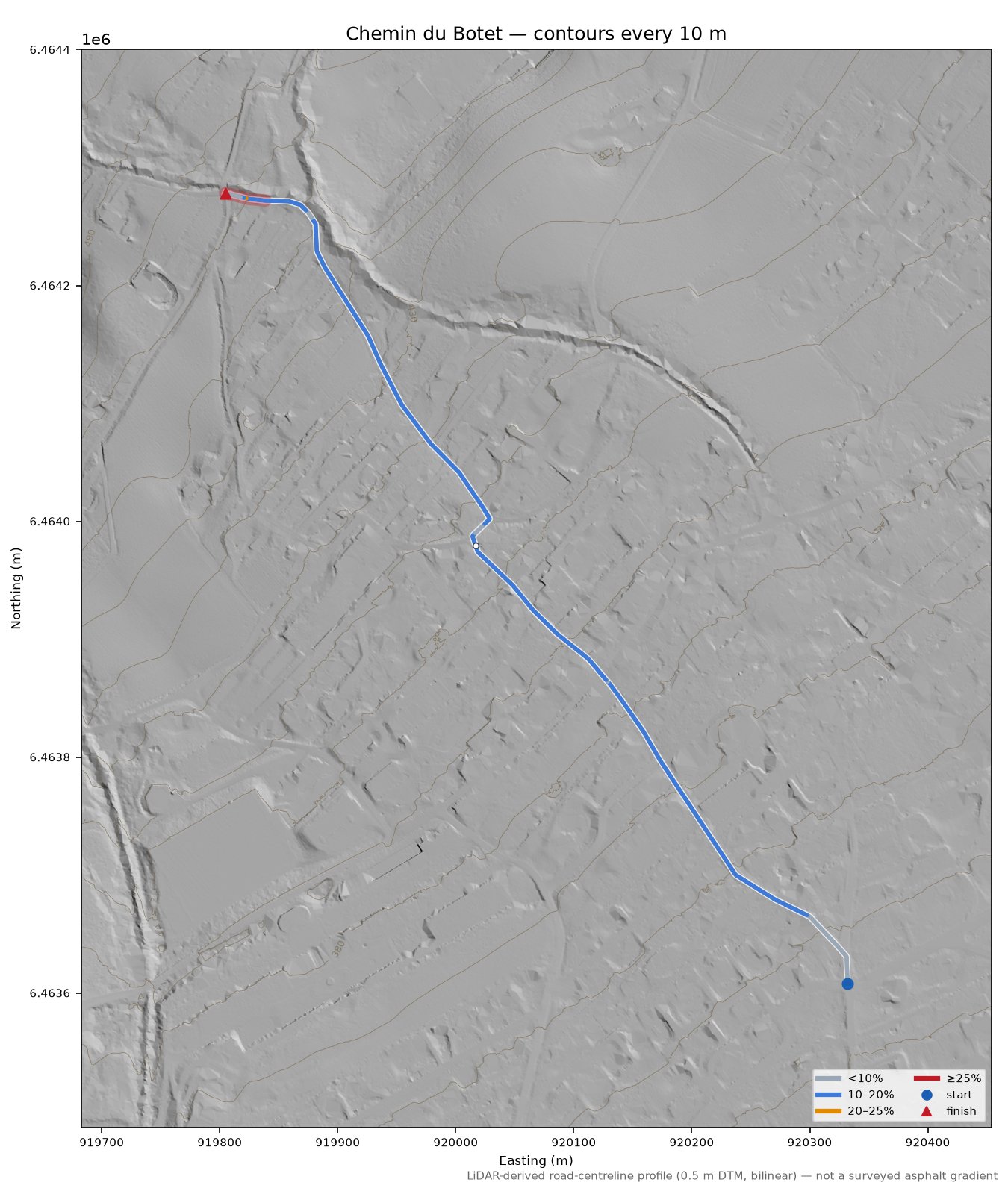 Chemin du Botet LiDAR hillshade map with contours